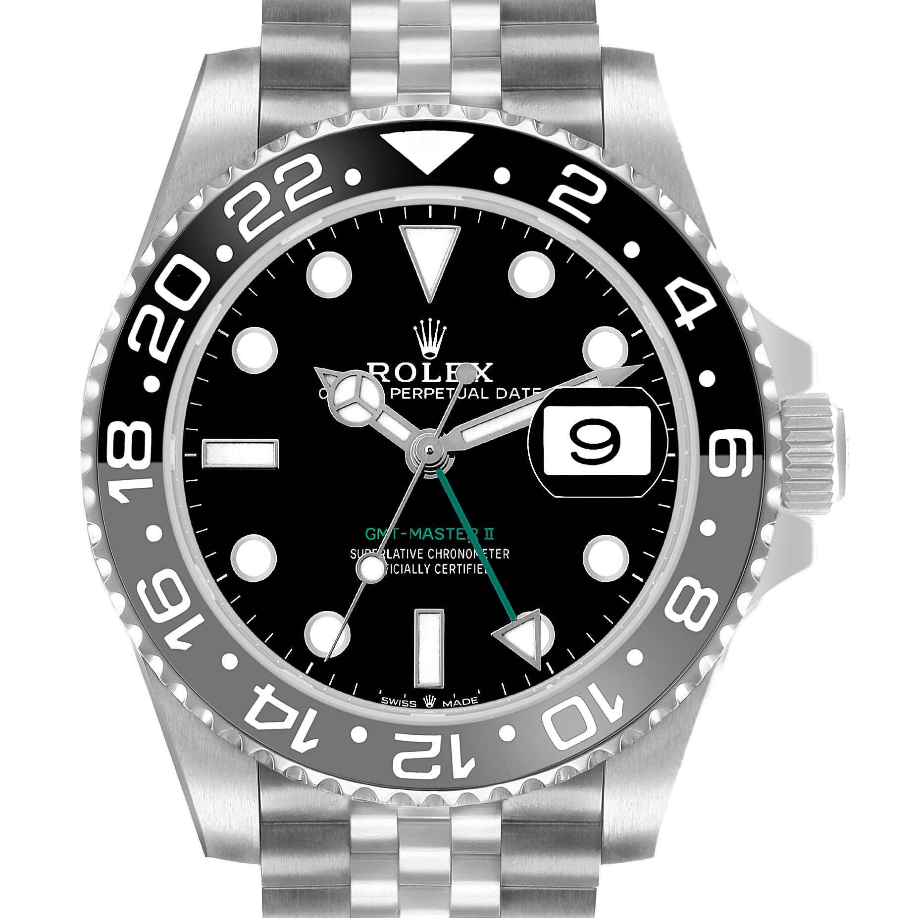 The Rolex GMT-Master 126710GRNR Men's Stainless Steel Black Dial II watch is shown from the front, featuring its bezel, dial, hands, date, and part of the bracelet.