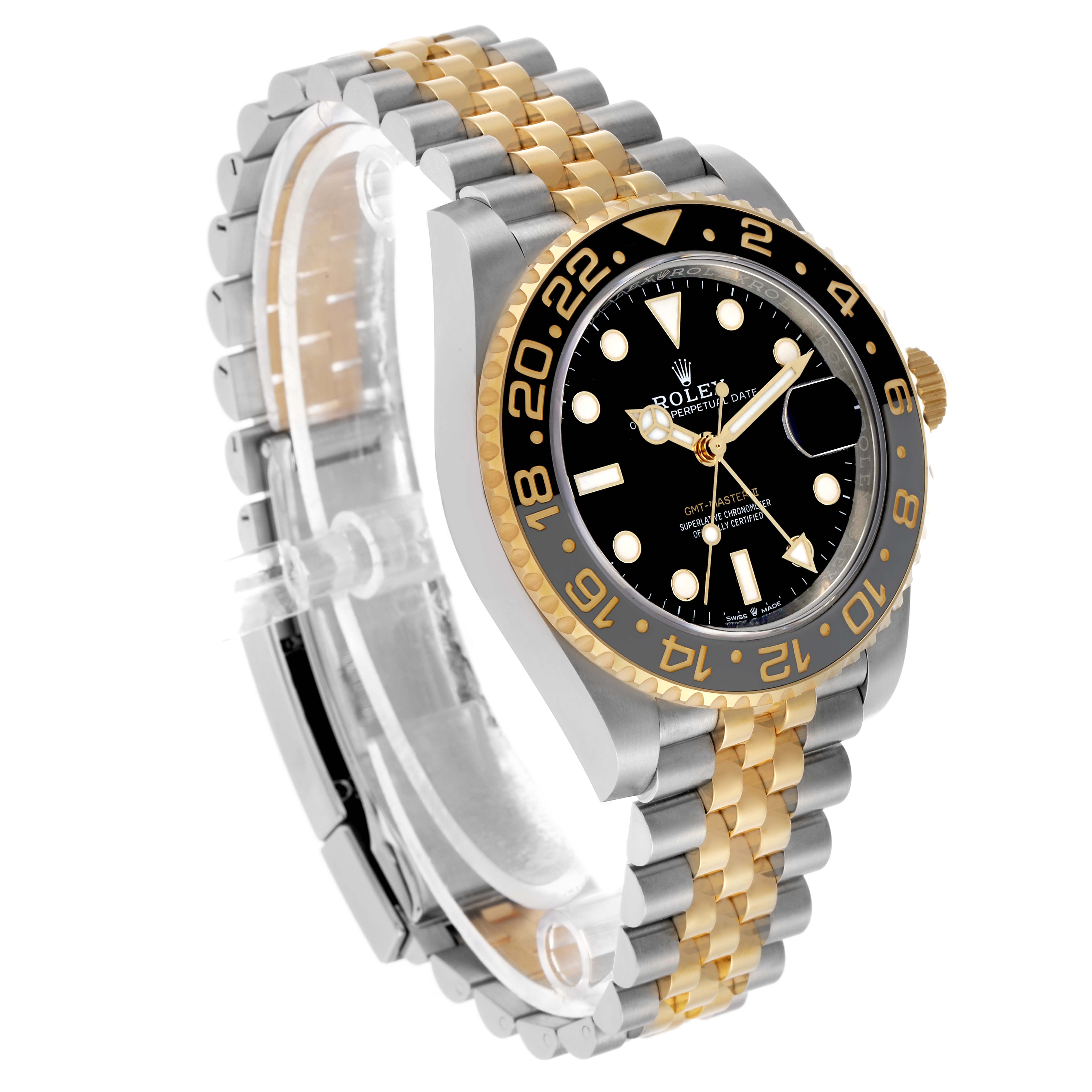 The Rolex GMT-Master 126713 Men's Steel and Gold (two tone) Black Dial is shown at a three-quarter angle, highlighting its two-tone case, bezel, and bracelet.