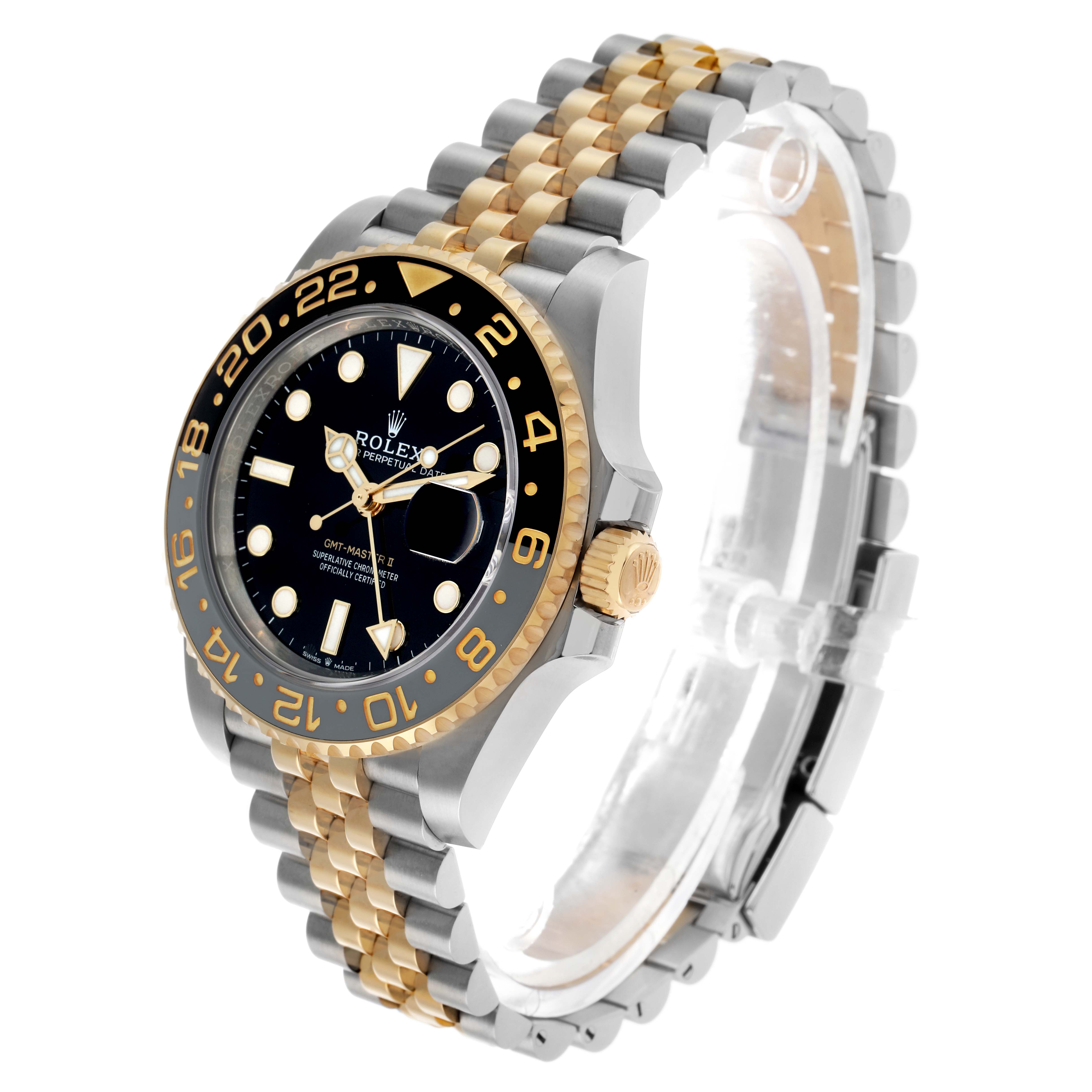 The Rolex GMT-Master 126713 Men's Steel and Gold (two tone) Black Dial watch is shown at a three-quarter angle, highlighting the bezel, dial, crown, and two-tone bracelet.