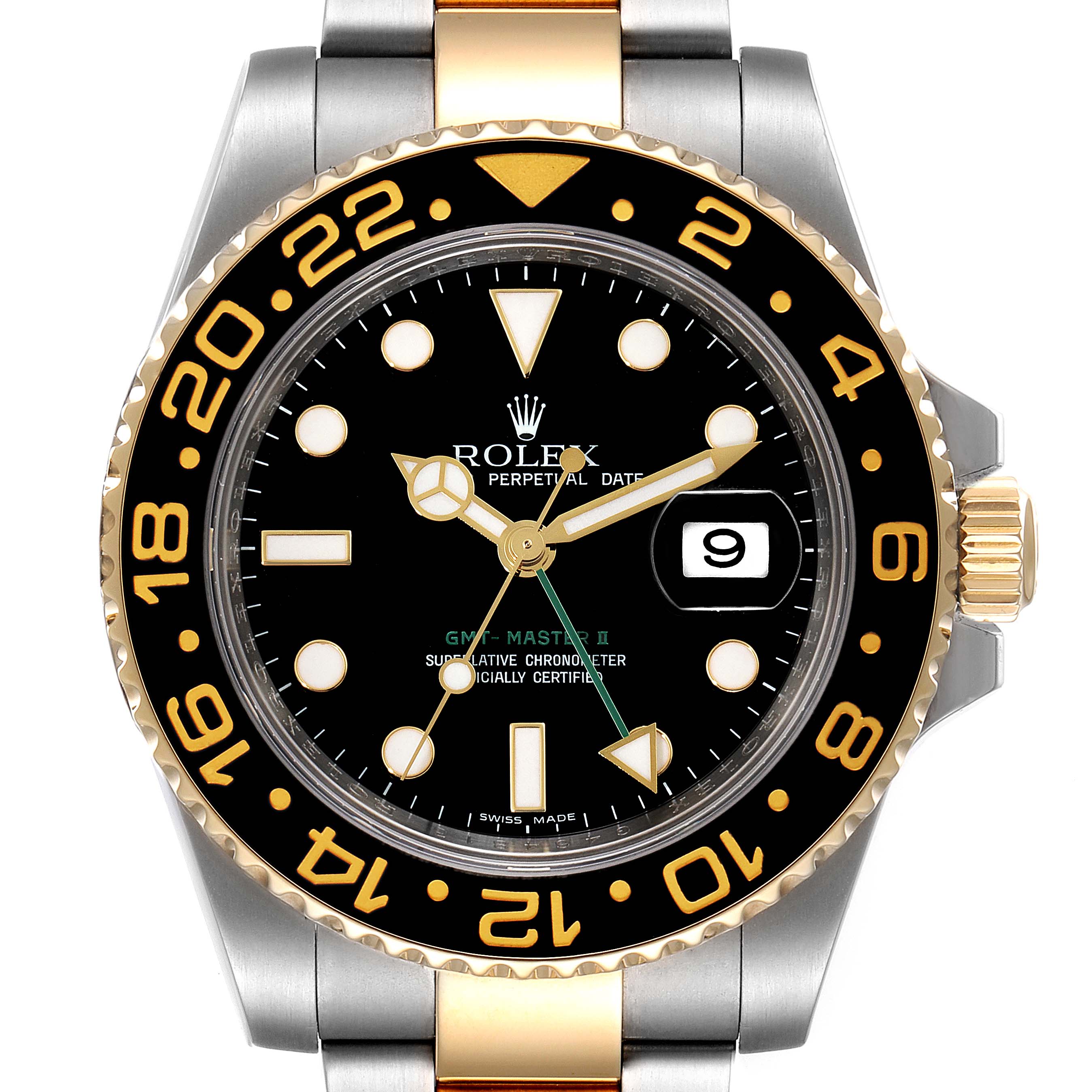 The image shows a front view of a Rolex GMT-Master 116713 Men's Steel and Gold (two tone) Black Dial 116713 Men's Steel and Gold (two tone) Black Dial II with a black dial, gold and silver details, and a date window.
