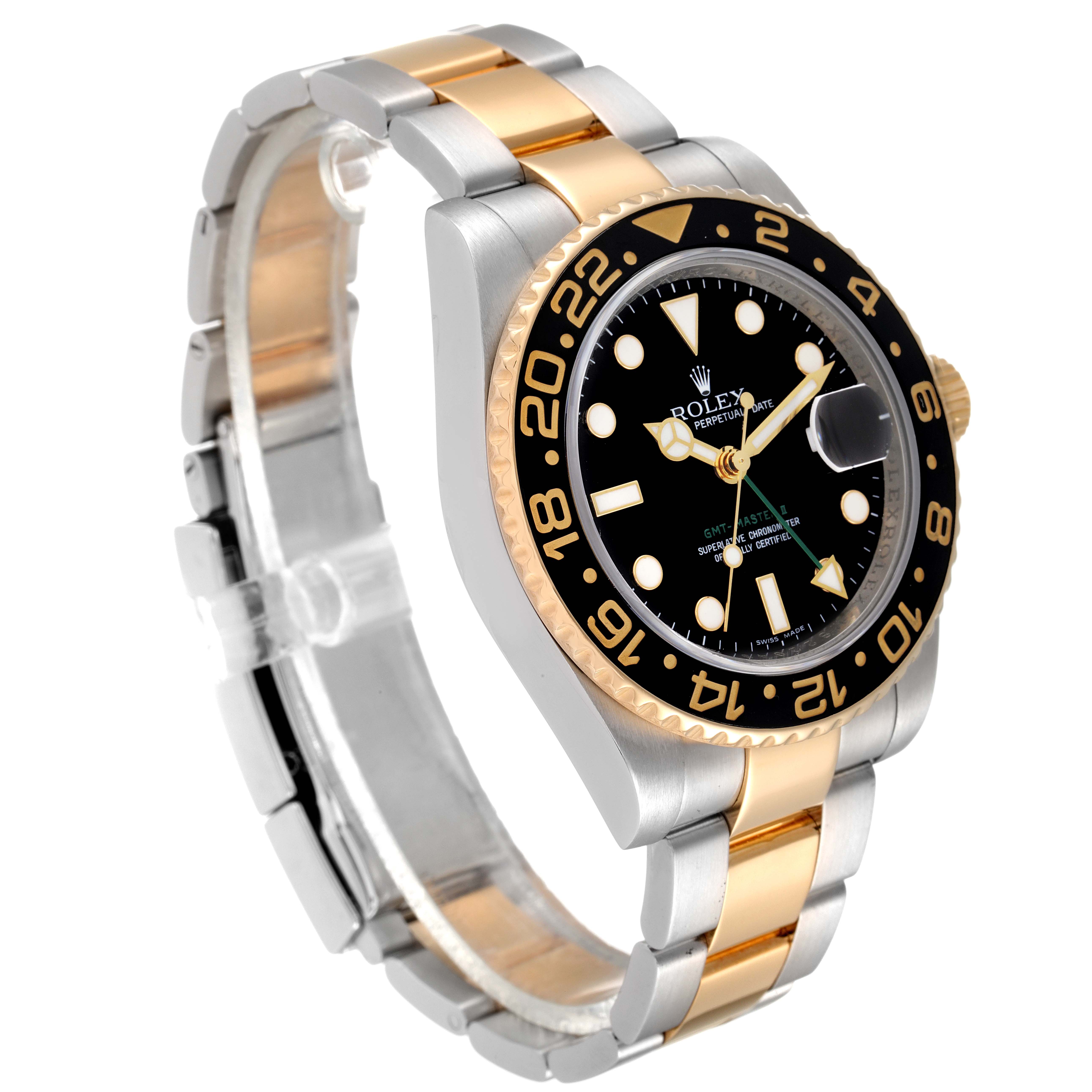 The Rolex GMT-Master 116713 Men's Steel and Gold (two tone) Black Dial 116713 Men's Steel and Gold (two tone) Black Dial watch is shown at a three-quarter angle, highlighting its black and gold bezel, dial, and two-tone bracelet.