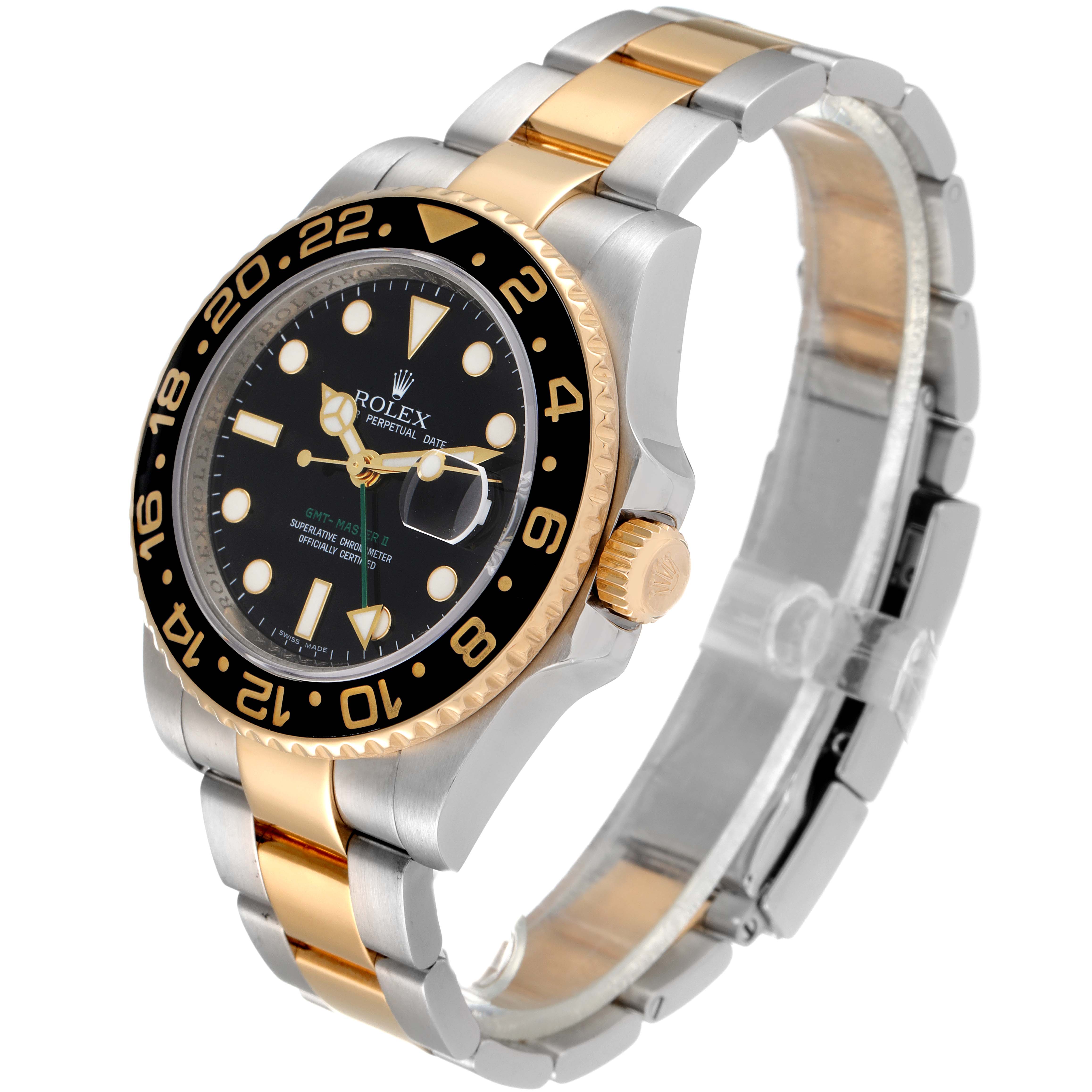 The image shows a Rolex GMT-Master 116713 Men's Steel and Gold (two tone) Black Dial 116713 Men's Steel and Gold (two tone) Black Dial model watch from a three-quarter angle, highlighting the dial, bezel, crown, and two-tone bracelet.