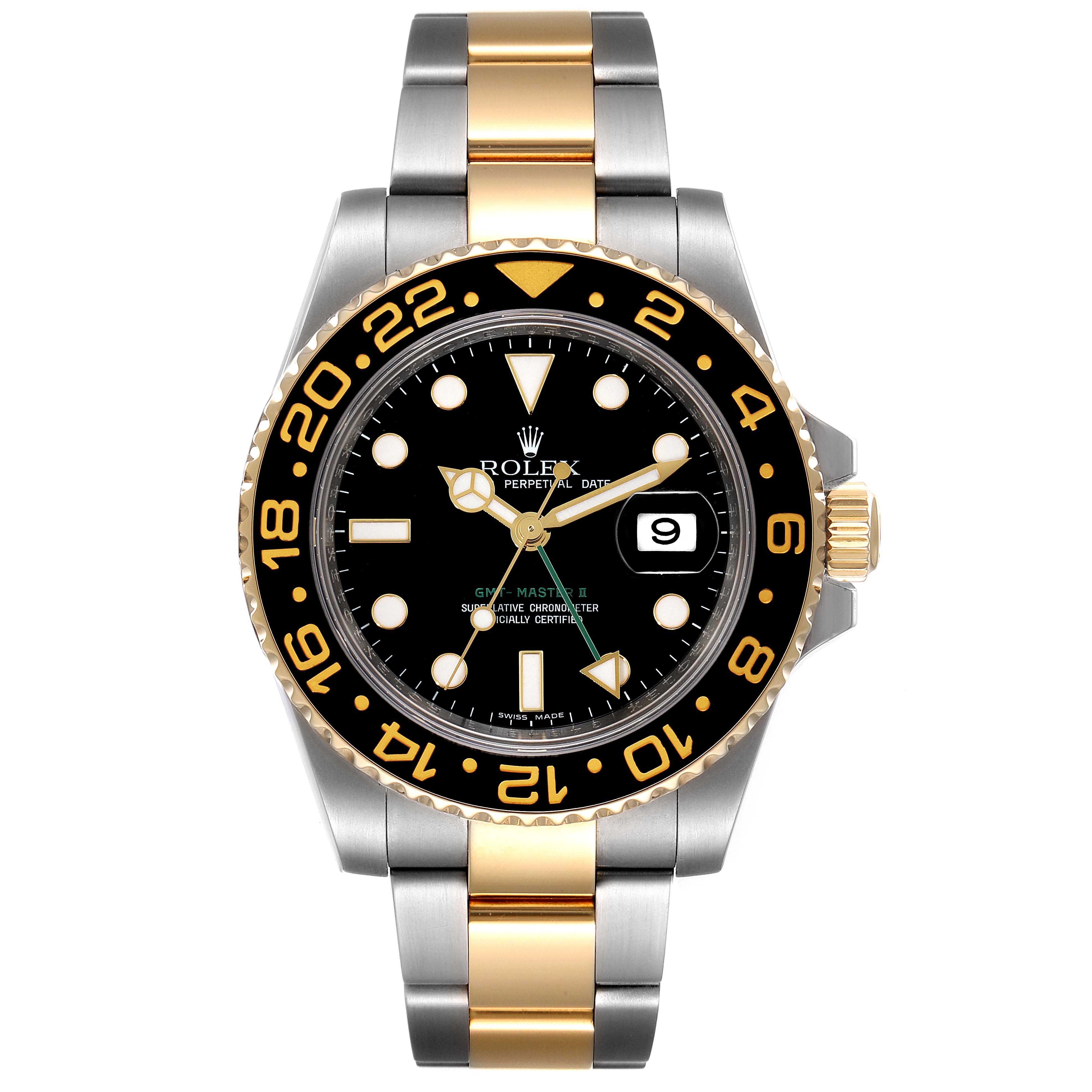 This image shows a front view of the Rolex GMT-Master 116713 Men's Steel and Gold (two tone) Black Dial 116713 Men's Steel and Gold (two tone) Black Dial II watch, displaying the dial, bezel, bracelet, and crown.