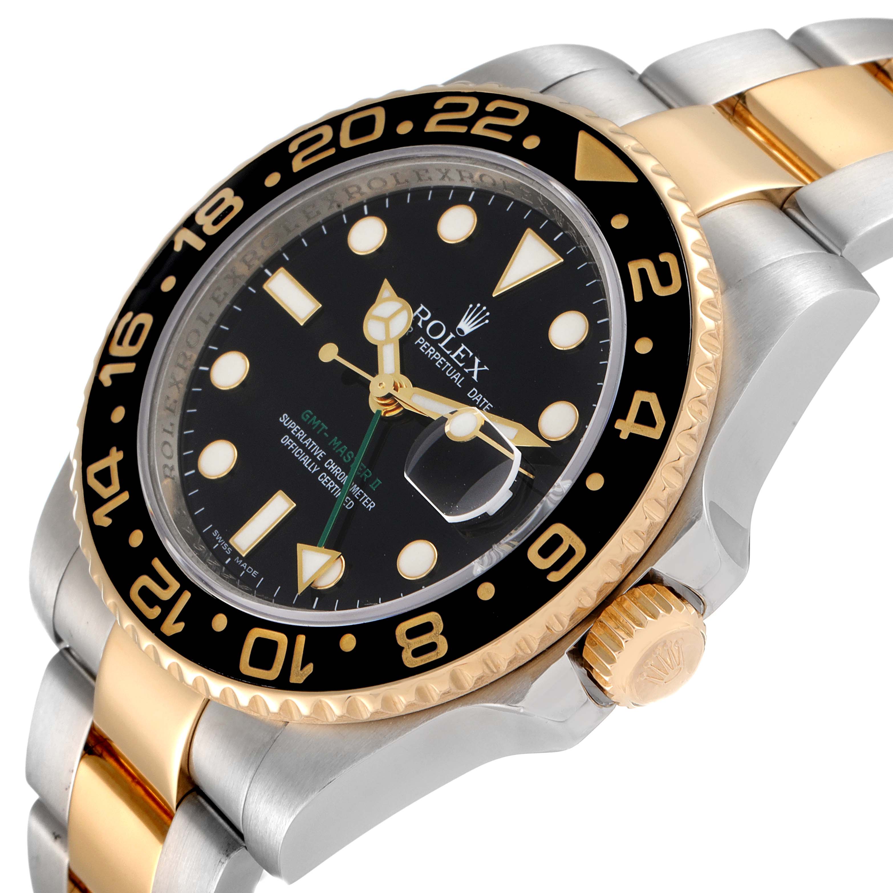 The image shows a Rolex GMT-Master 116713 Men's Steel and Gold (two tone) Black Dial 116713 Men's Steel and Gold (two tone) Black Dial watch angled from the top right, highlighting the bezel, face, crown, and part of the bracelet.