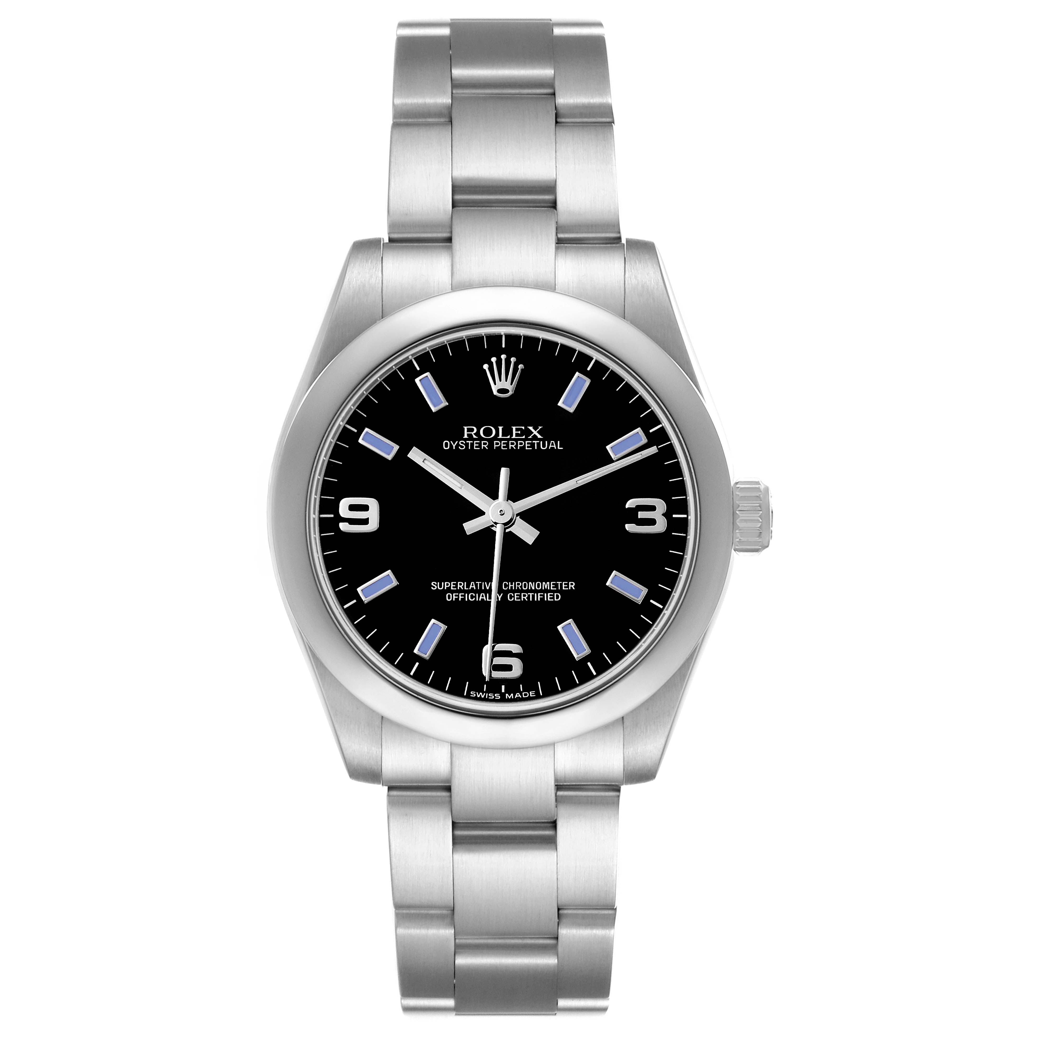 The Rolex Oyster Perpetual mid-size watch is shown from a front angle, displaying its face, crown, and bracelet.