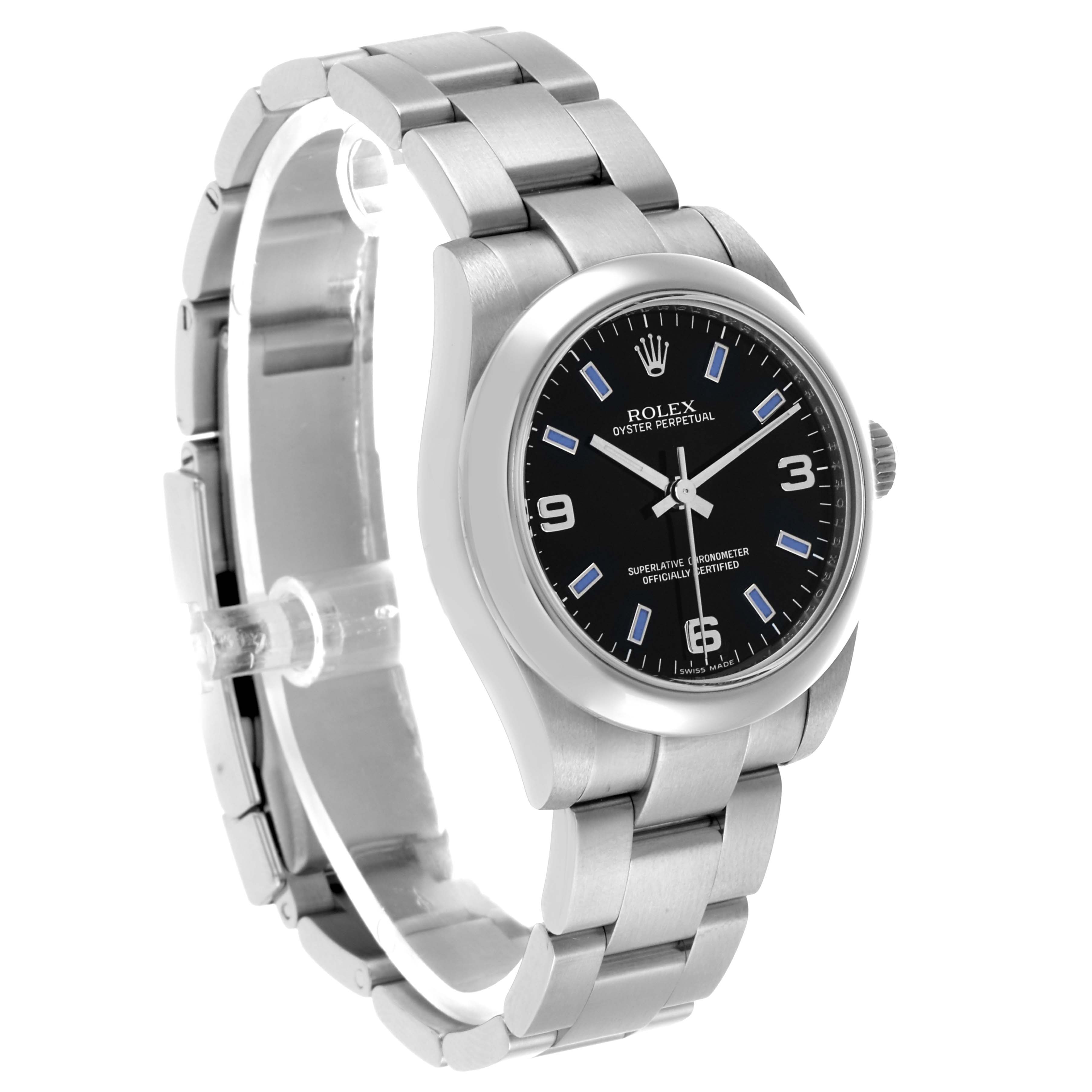 The Rolex Mid-Size 177200 Women's Stainless Steel Black Dial watch is shown at a three-quarter angle, displaying the dial, bezel, bracelet, and crown.