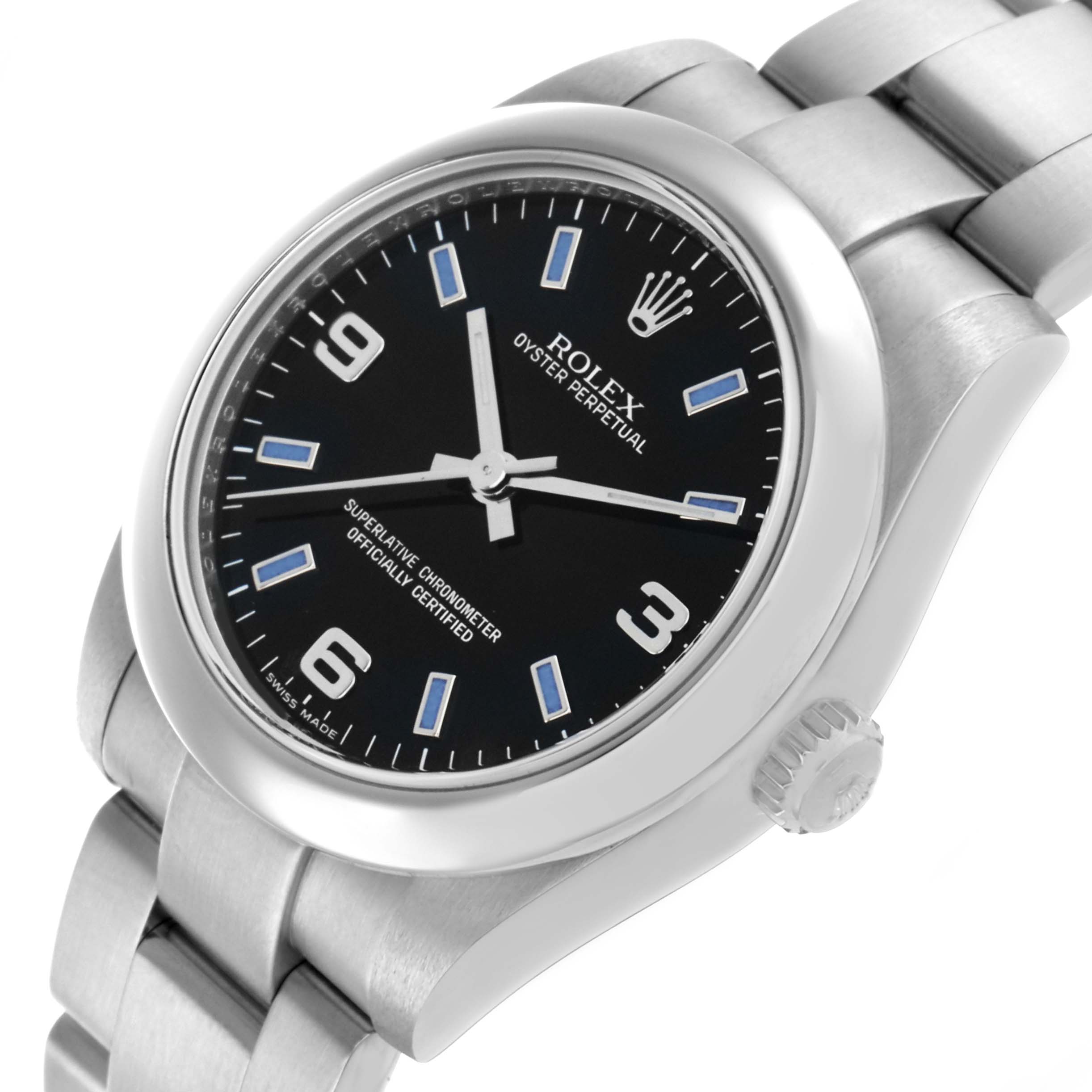 The Rolex Oyster Perpetual Mid-Size watch is shown at a slight angle, highlighting its black dial, bezel, crown, and bracelet.