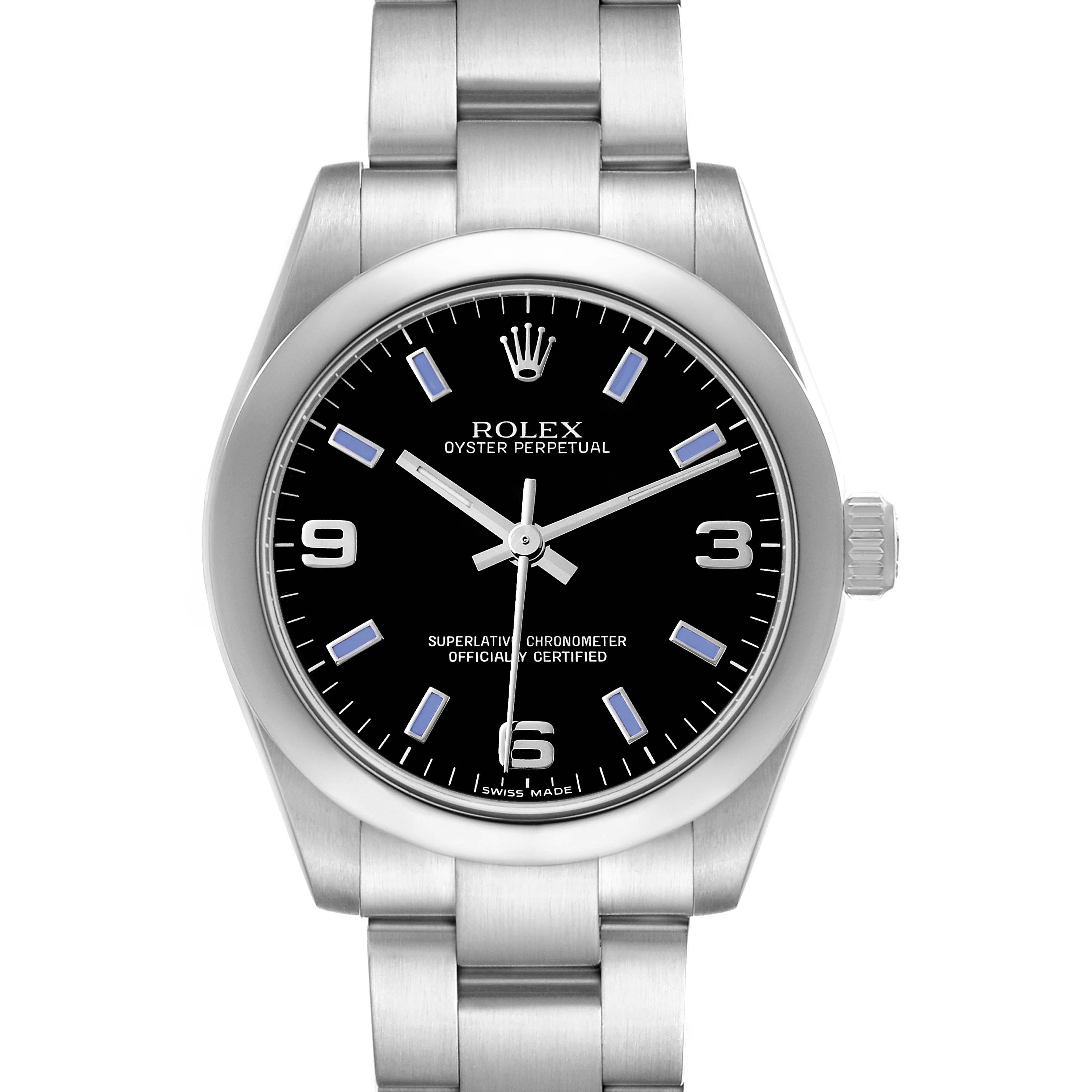 The Rolex Mid-Size 177200 Women's Stainless Steel Black Dial model is shown from a front angle, displaying its black dial, bezel, and stainless steel bracelet.