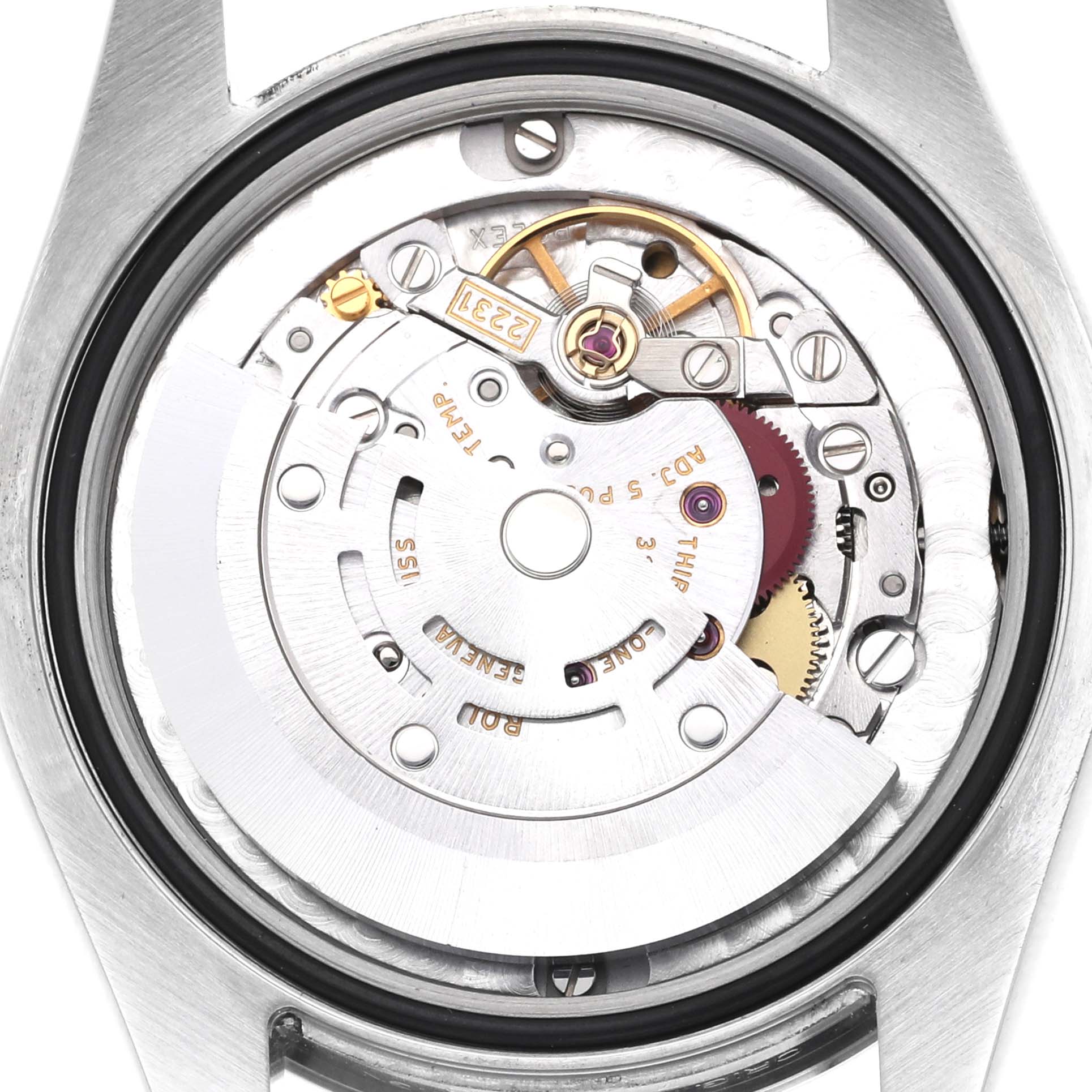 The image shows the back view of the Rolex Mid-Size 177200 Women's Stainless Steel Black Dial model, highlighting its intricate movement mechanism.