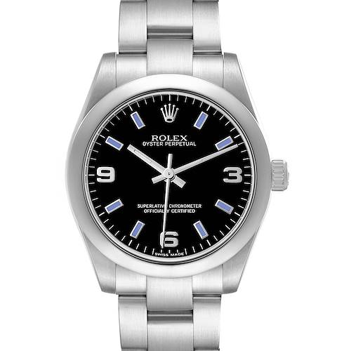 The Rolex mid-size model is shown front-facing, displaying the dial, bezel, bracelet, and crown.