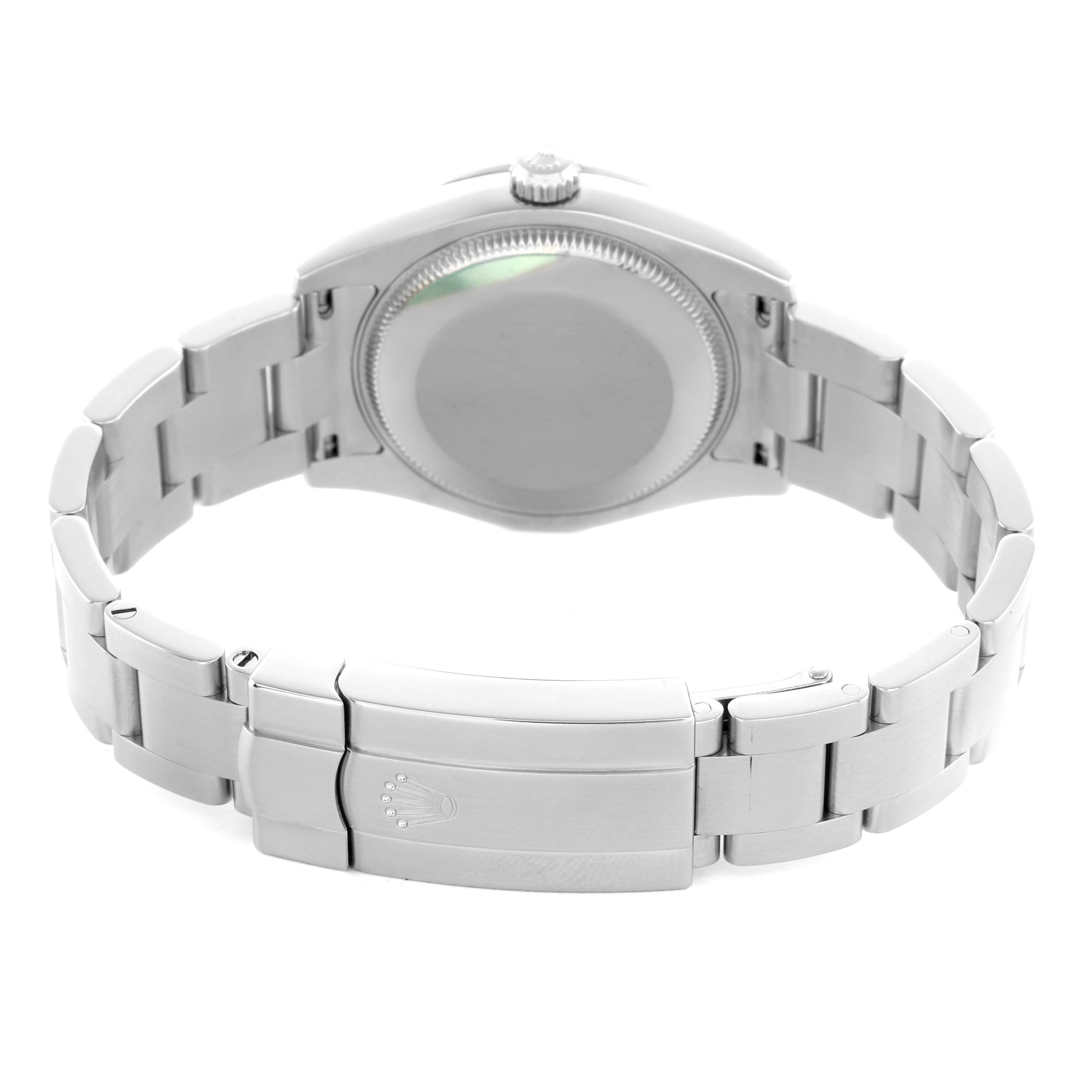 The image shows the back view of a Rolex Mid-Size 177200 Women's Stainless Steel Black Dial model watch, highlighting the case back and bracelet clasp.