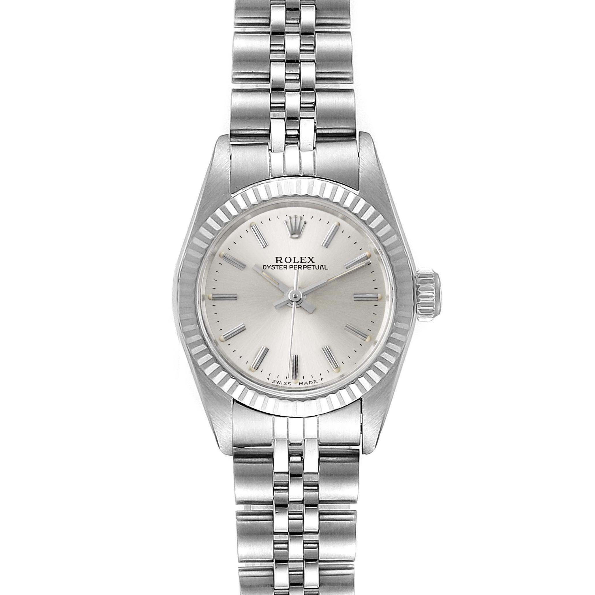 The image shows a front view of the Rolex Oyster Perpetual 67194 Women's Stainless Steel Silver Dial 67194 Women's Stainless Steel Silver Dial watch, displaying the dial, bezel, case, crown, and bracelet.