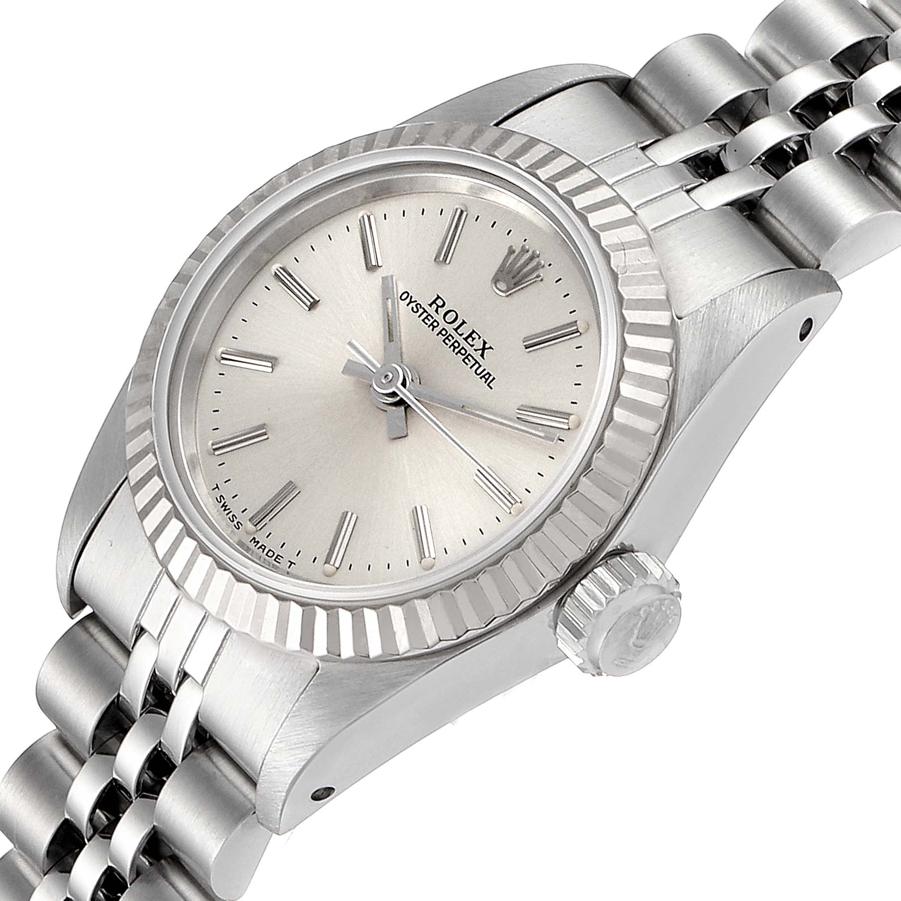 This image shows a tilted top-side view of a Rolex Oyster Perpetual 67194 Women's Stainless Steel Silver Dial 67194 Women's Stainless Steel Silver Dial watch, highlighting the dial, bezel, crown, and part of the bracelet.