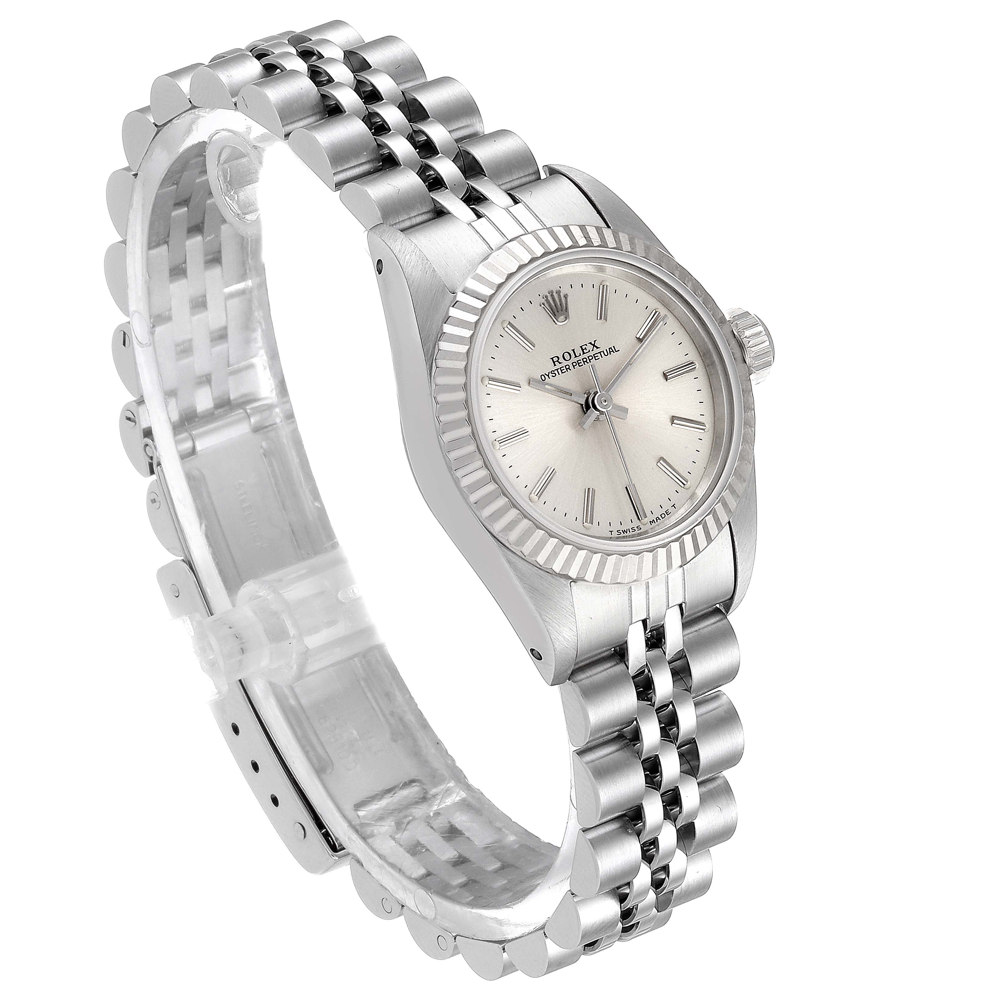 The Rolex Oyster Perpetual 67194 Women's Stainless Steel Silver Dial 67194 Women's Stainless Steel Silver Dial watch is shown at an angled view, displaying its face, bezel, and bracelet.