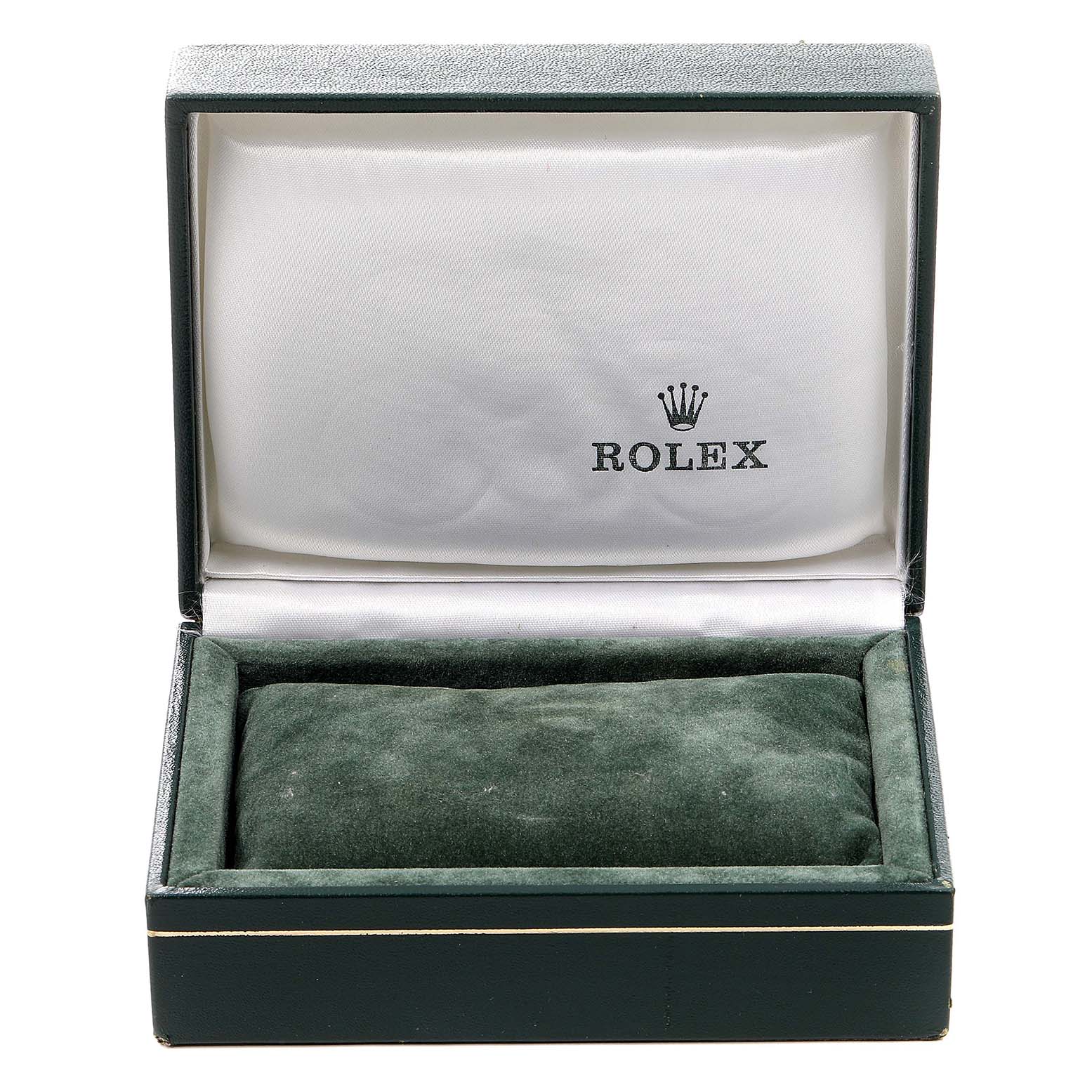 The image shows an open, green Rolex watch box for the Oyster Perpetual model.
