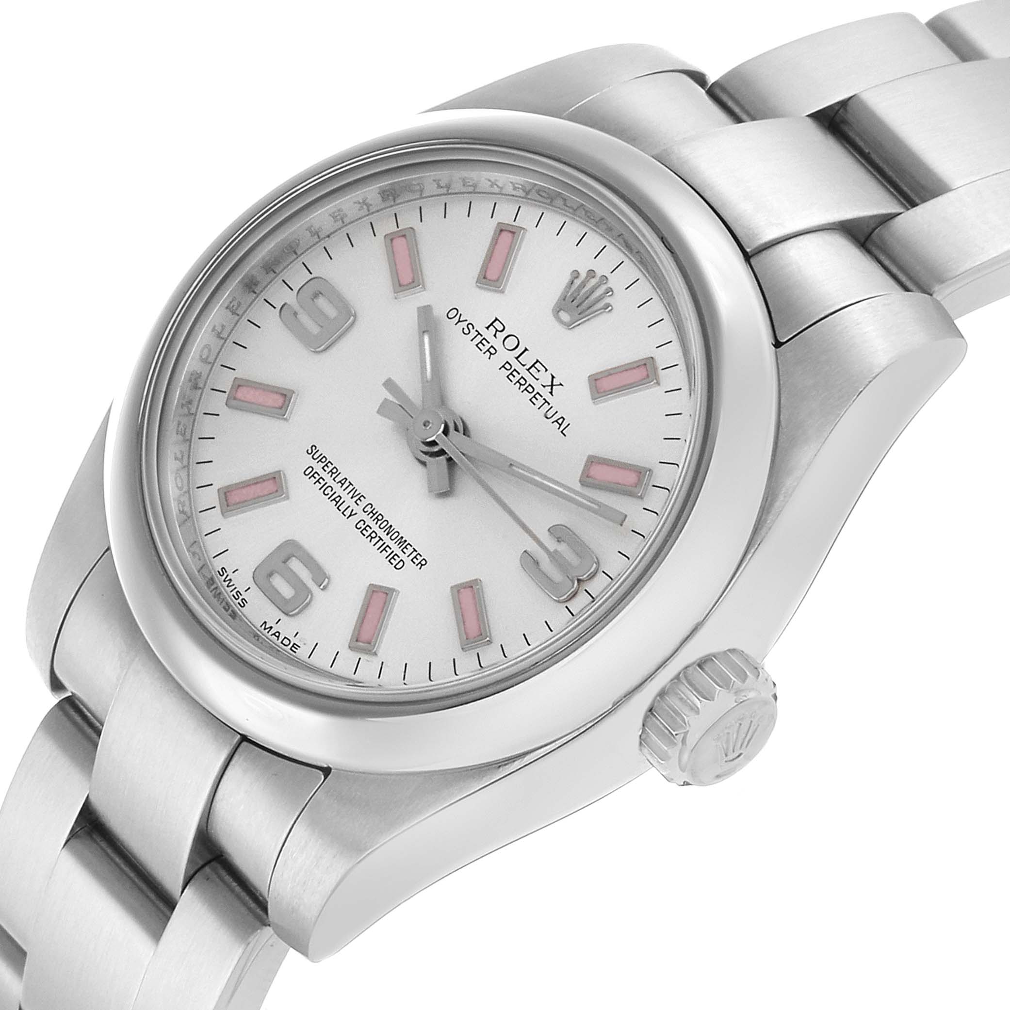 The Rolex Oyster Perpetual 176200 Men's Stainless Steel Silver Dial watch is shown at a slight angle, highlighting its face, bezel, crown, and part of the bracelet.