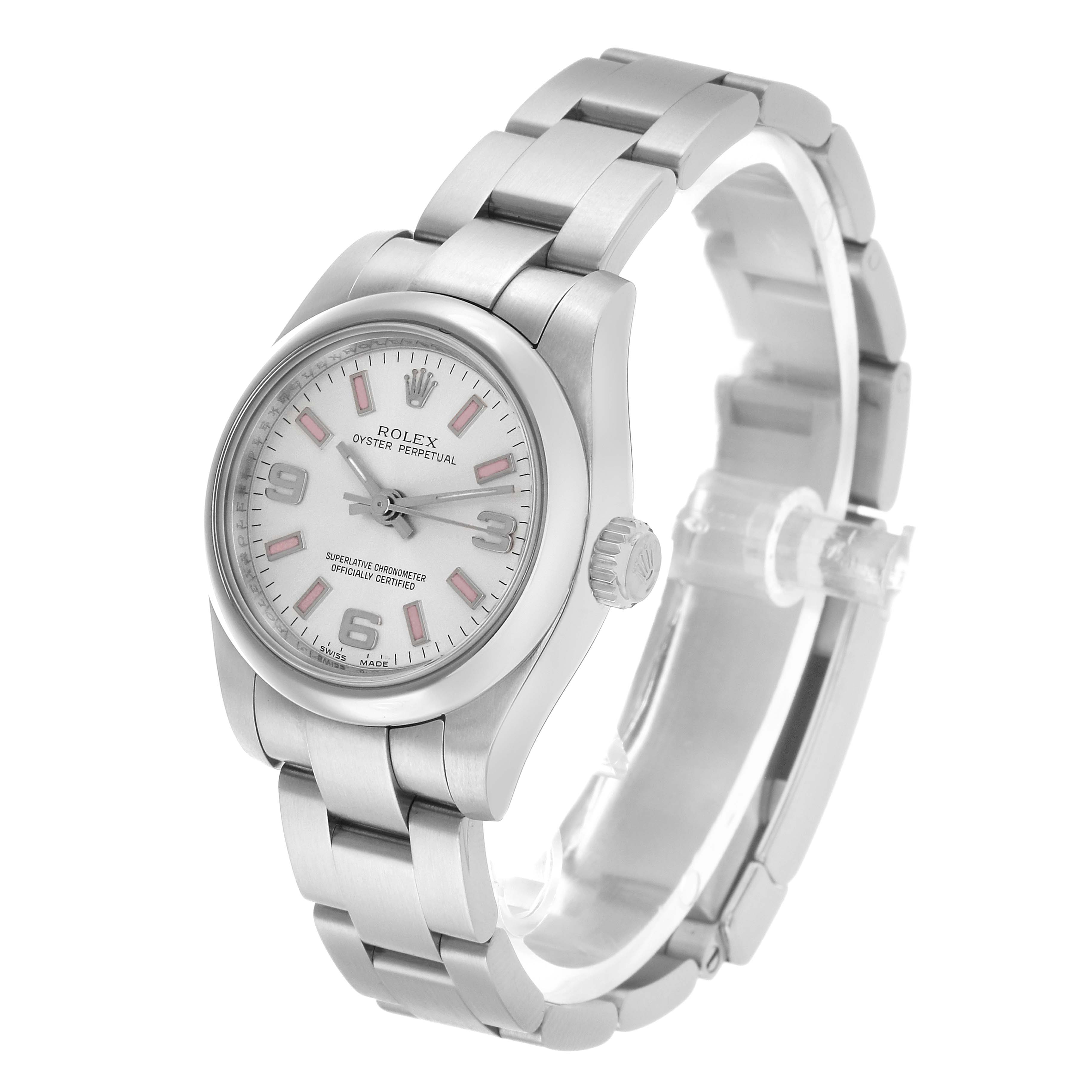 The Rolex Oyster Perpetual 176200 Men's Stainless Steel Silver Dial watch is shown at a three-quarter angle, displaying the face, bracelet, and crown.