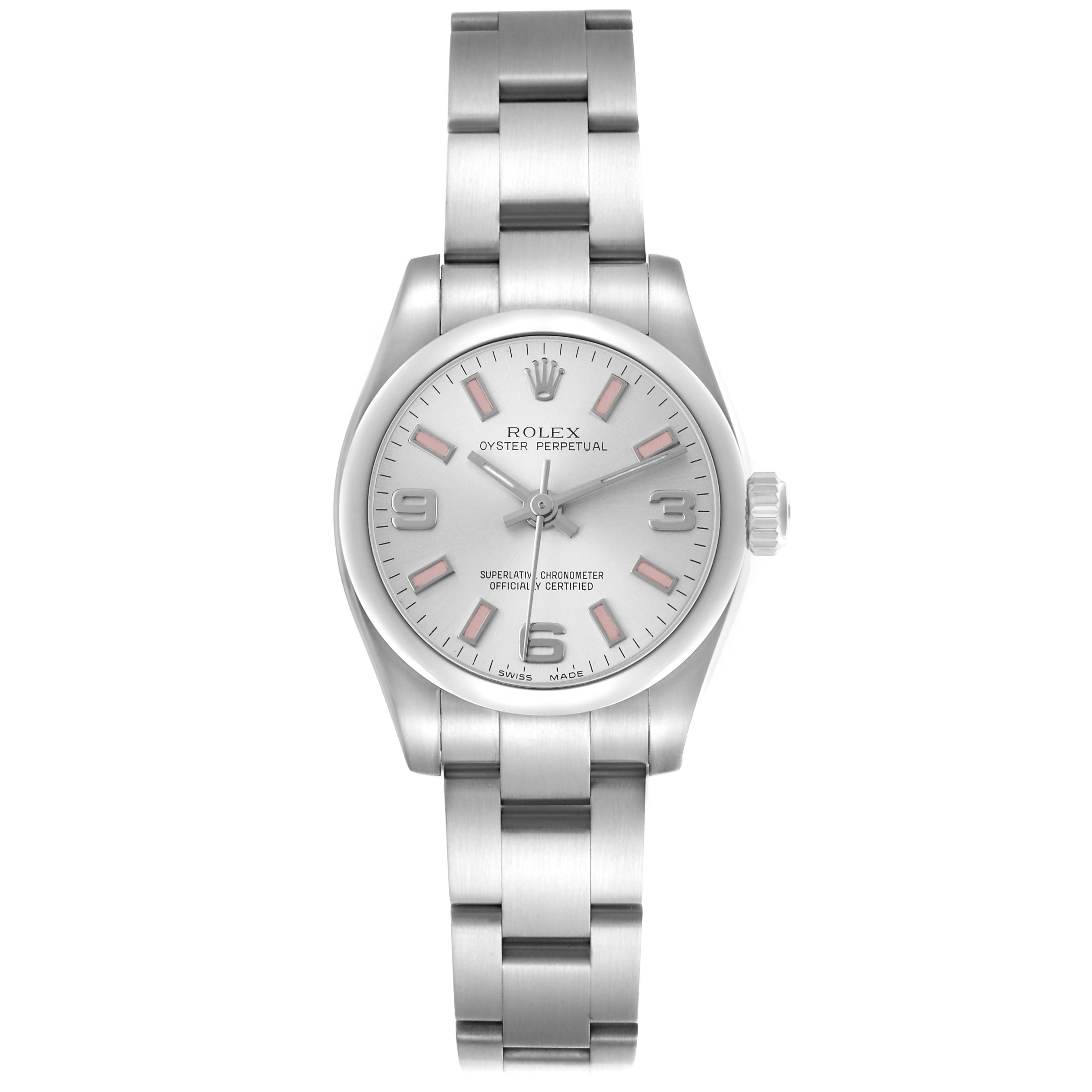 The Rolex Oyster Perpetual 176200 Men's Stainless Steel Silver Dial is shown from a top view, displaying the dial, bracelet, and crown.