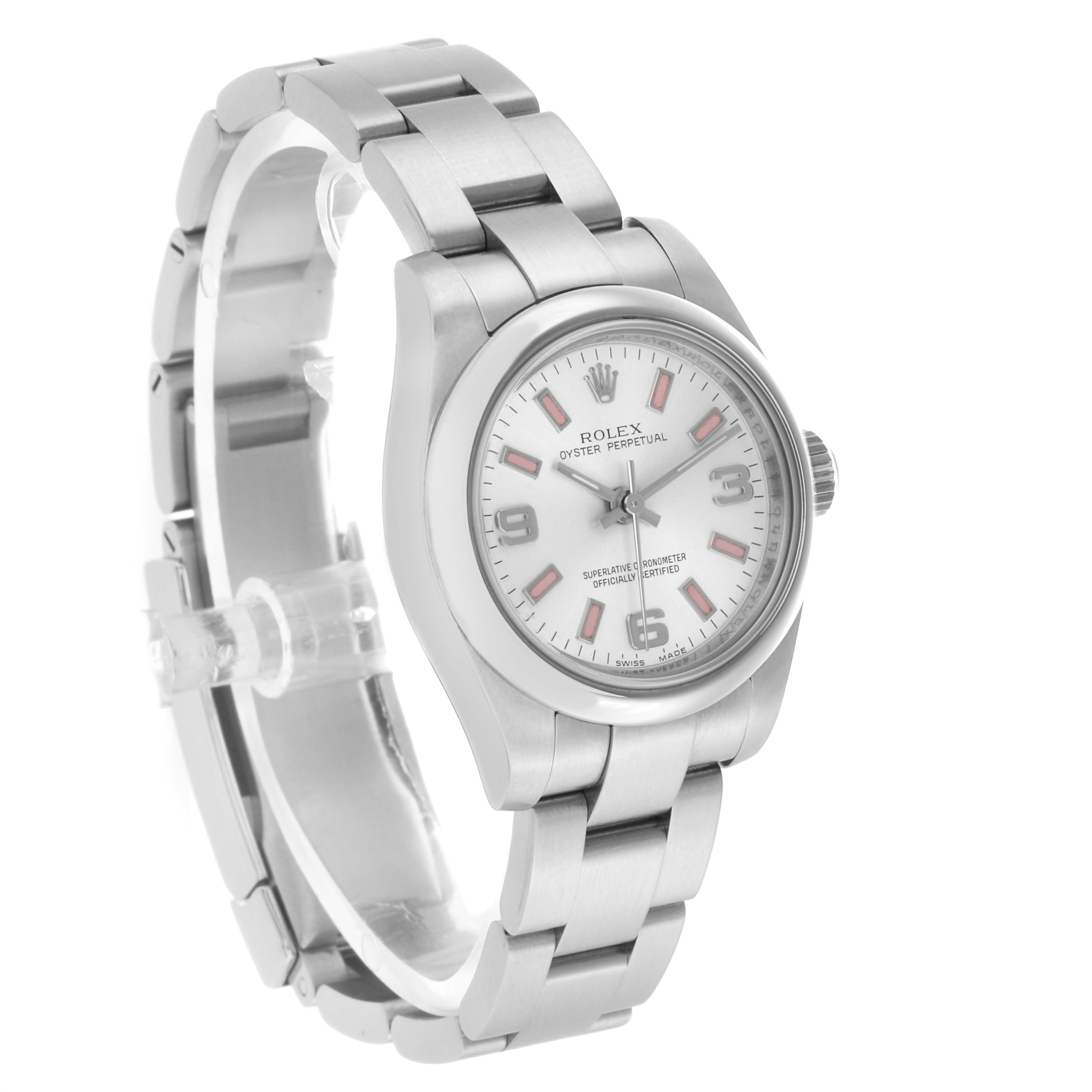 The Rolex Oyster Perpetual 176200 Men's Stainless Steel Silver Dial watch is shown at a slight angle, highlighting the face, bezel, crown, and bracelet links.