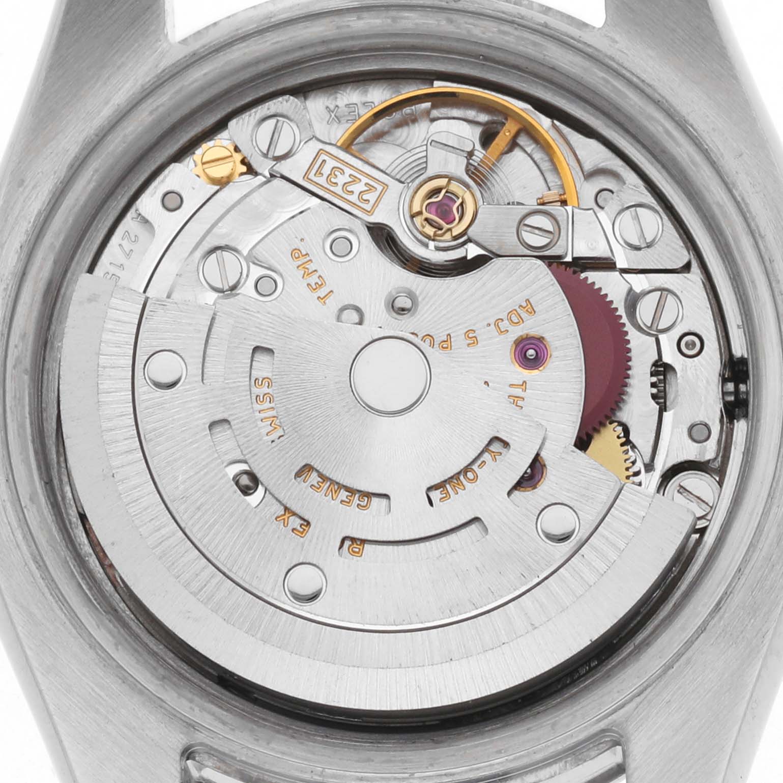The image shows a close-up of the Rolex Oyster Perpetual 176200 Men's Stainless Steel Silver Dial's movement, focusing on the intricate internal mechanism.