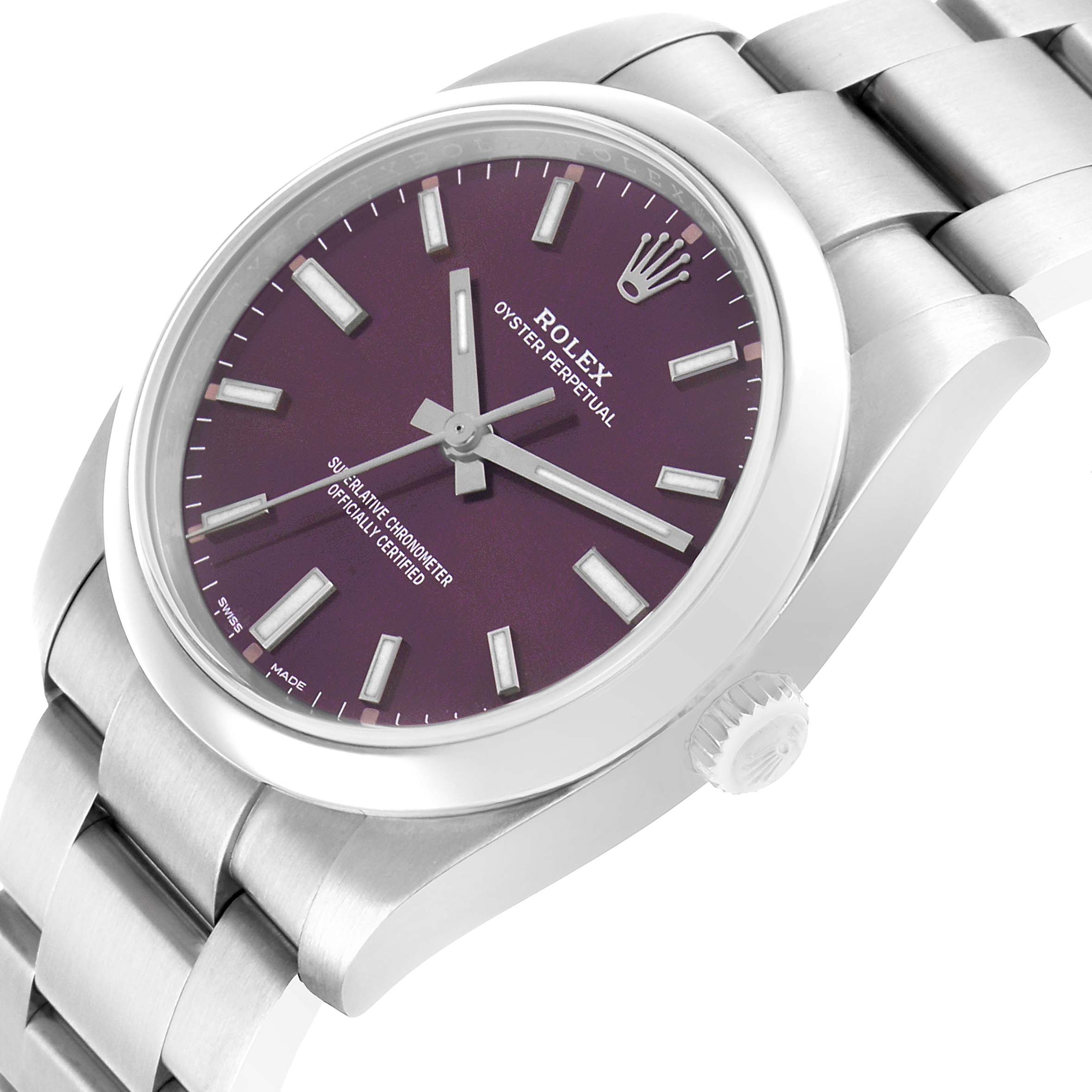 The Rolex Oyster Perpetual 114200 Men's Stainless Steel Purple Dial watch is shown at an angle highlighting the dial, bezel, crown, and part of the bracelet.