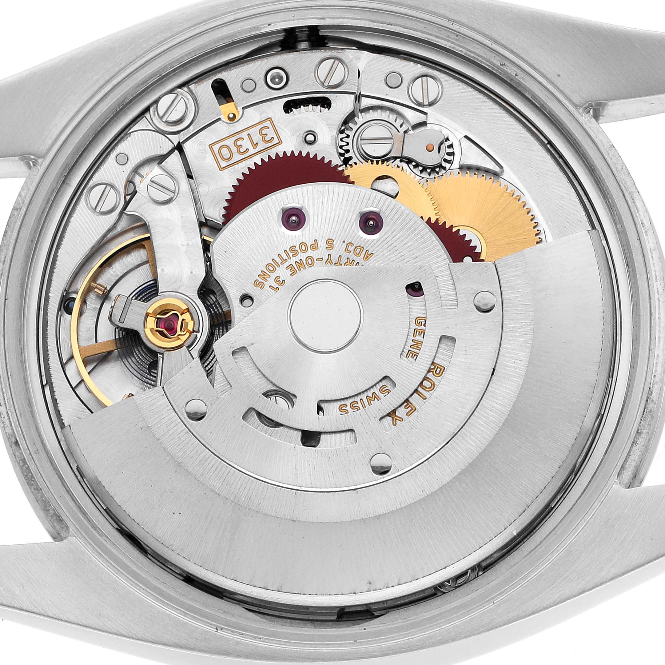 The image shows the movement mechanism of a Rolex Oyster Perpetual 114200 Men's Stainless Steel Purple Dial watch from a close-up, top-down angle.