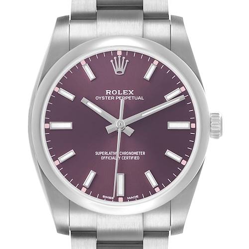 Photo of Rolex Oyster Perpetual 34mm Red Grape Dial Steel Mens Watch 114200