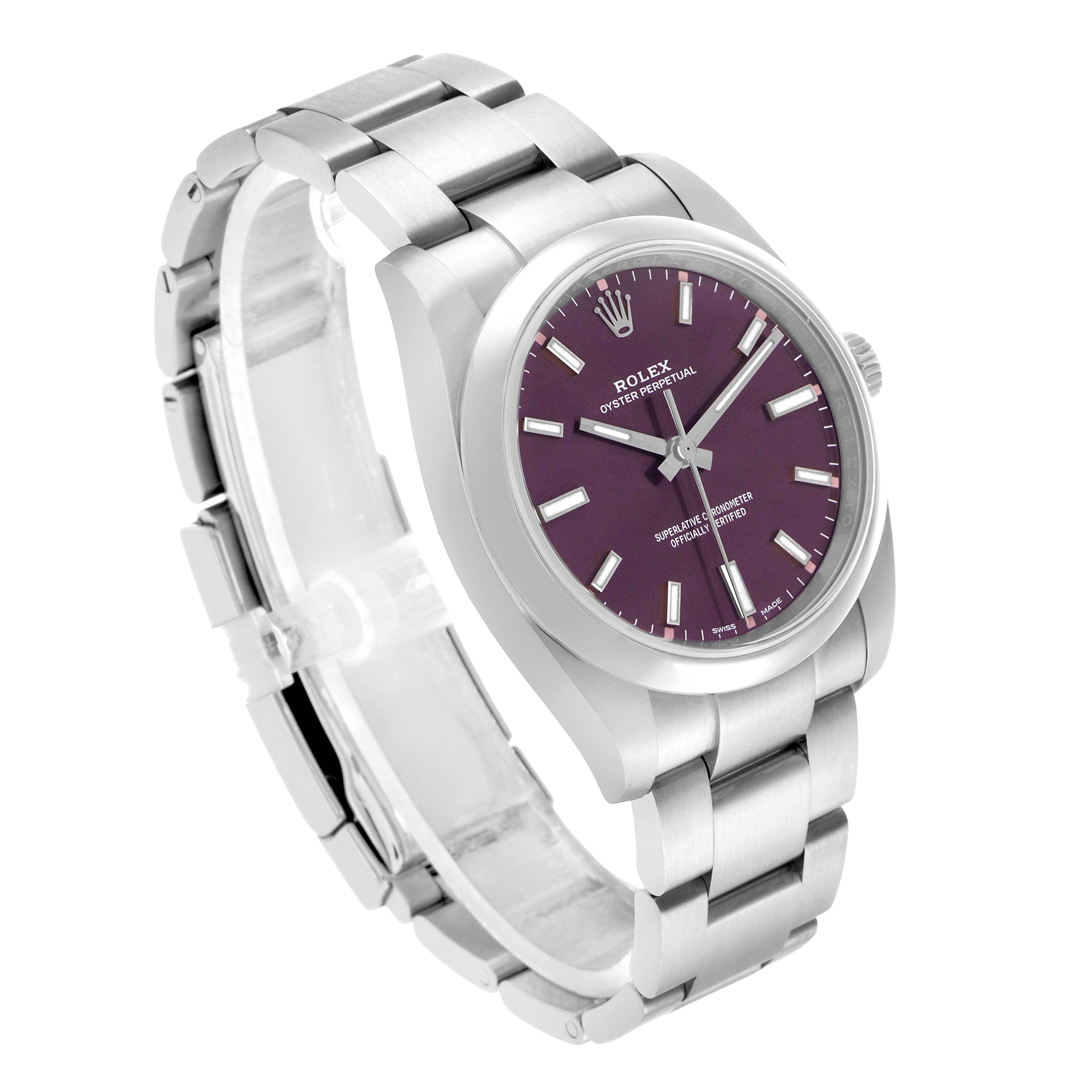 The Rolex Oyster Perpetual 114200 Men's Stainless Steel Purple Dial watch is shown at a three-quarter angle, highlighting the dial and bracelet.