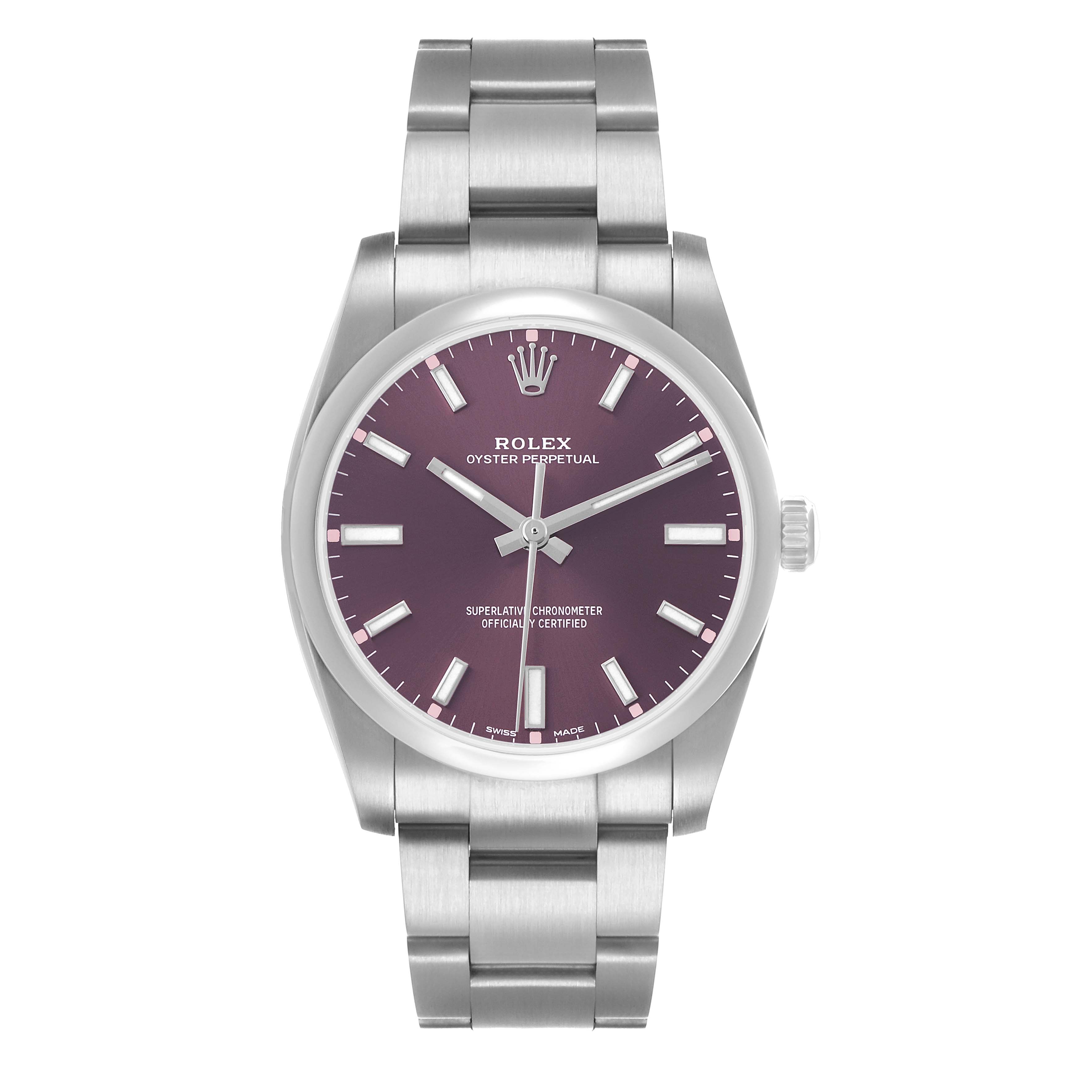 The Rolex Oyster Perpetual 114200 Men's Stainless Steel Purple Dial watch is shown from the front, highlighting the dial, bezel, and bracelet.
