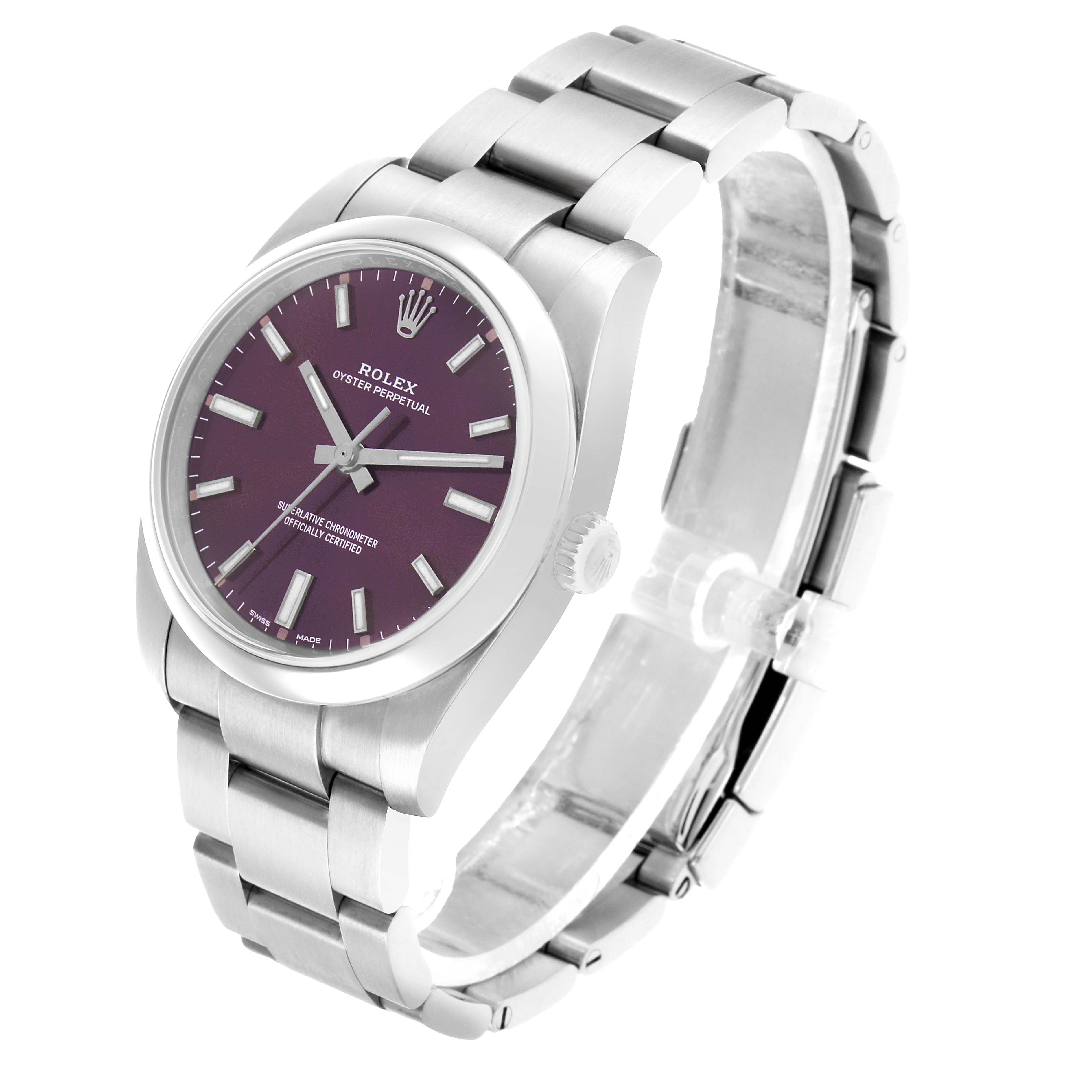 The Rolex Oyster Perpetual 114200 Men's Stainless Steel Purple Dial watch is shown at a three-quarter angle, displaying the dial, bezel, crown, and bracelet.