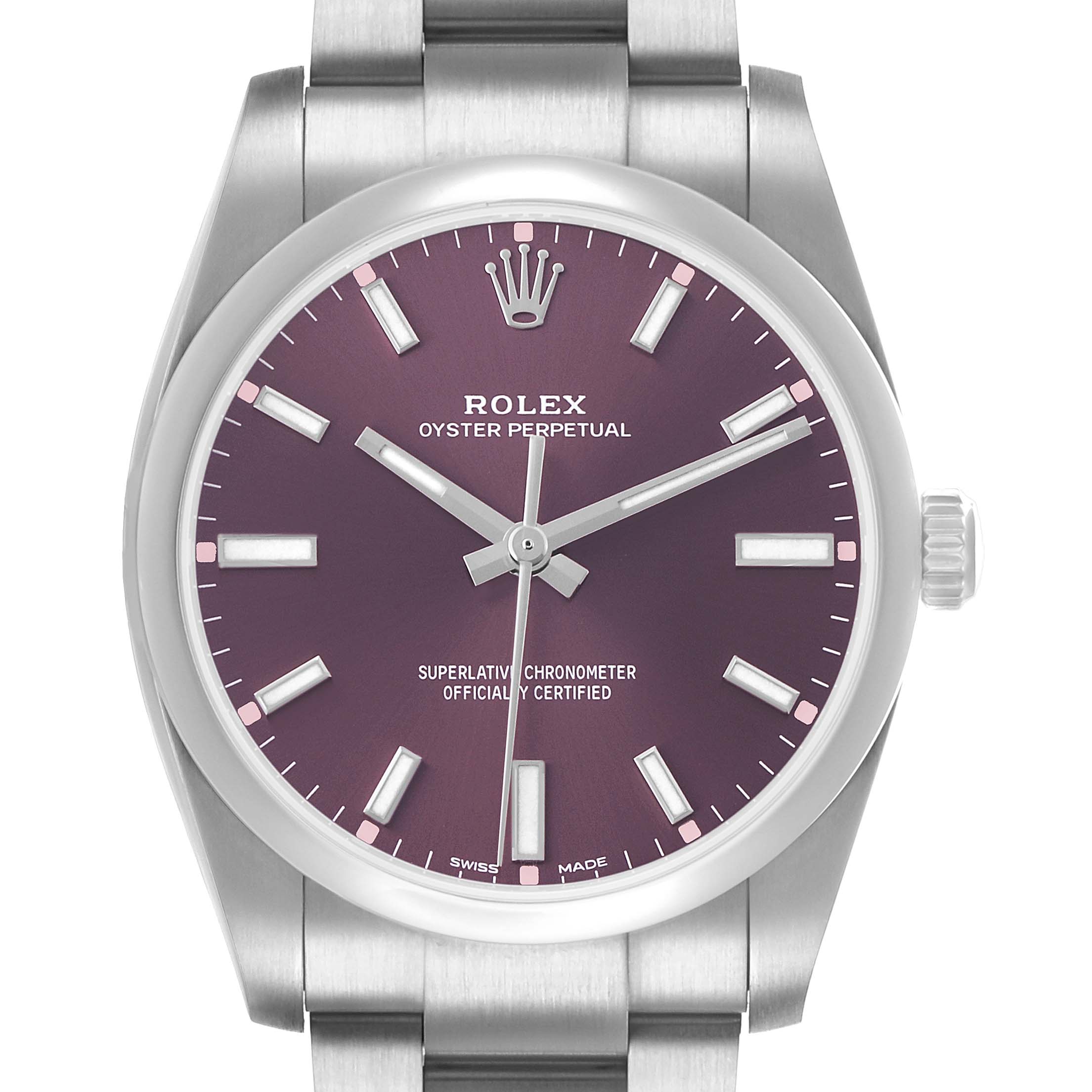 The Rolex Oyster Perpetual 114200 Men's Stainless Steel Purple Dial watch is shown from a front angle, highlighting the dial, hands, markers, and part of the bracelet.