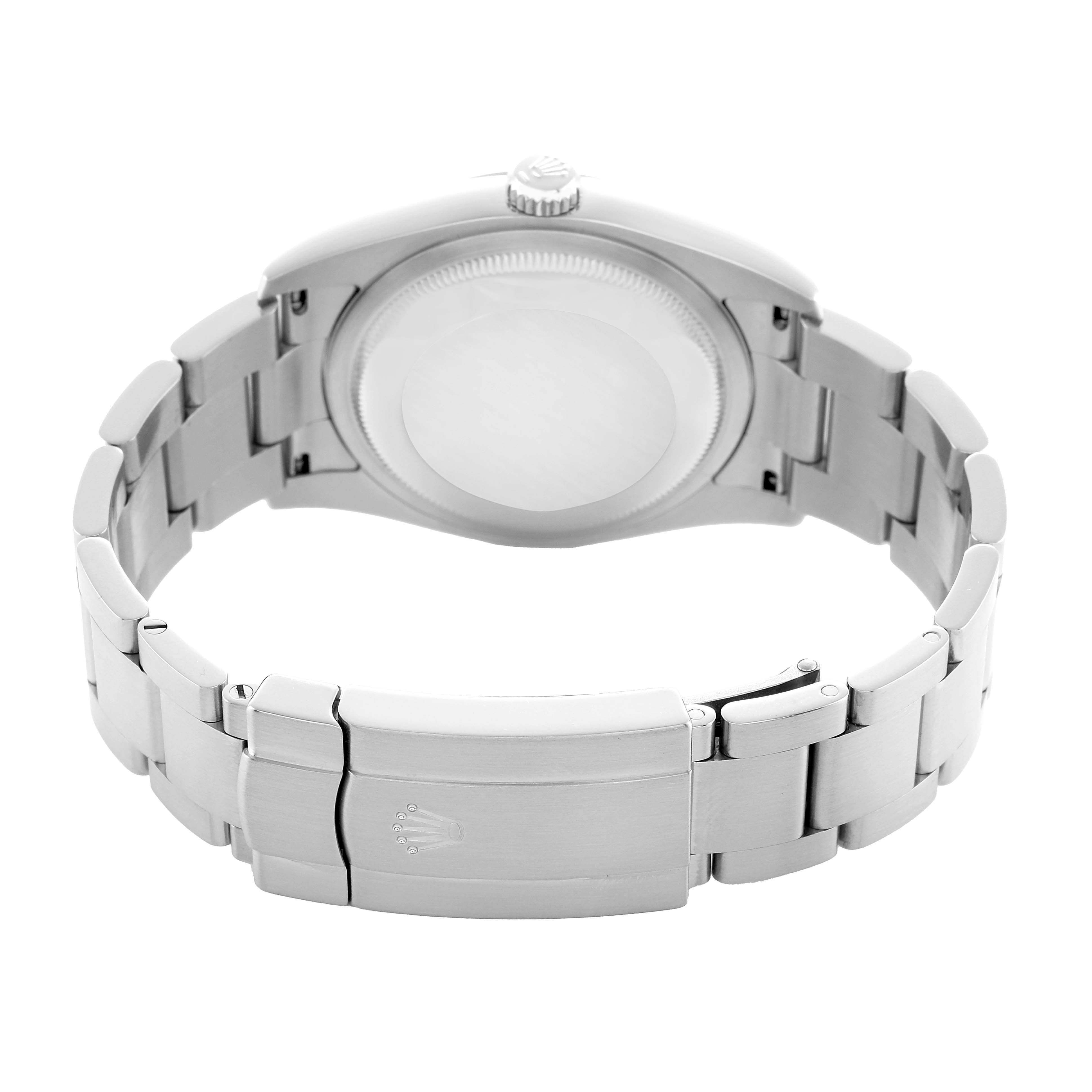 The image shows the back view of a Rolex Oyster Perpetual 76276 Men's Stainless Steel Silver Dial watch, highlighting the case back, bracelet, and clasp.