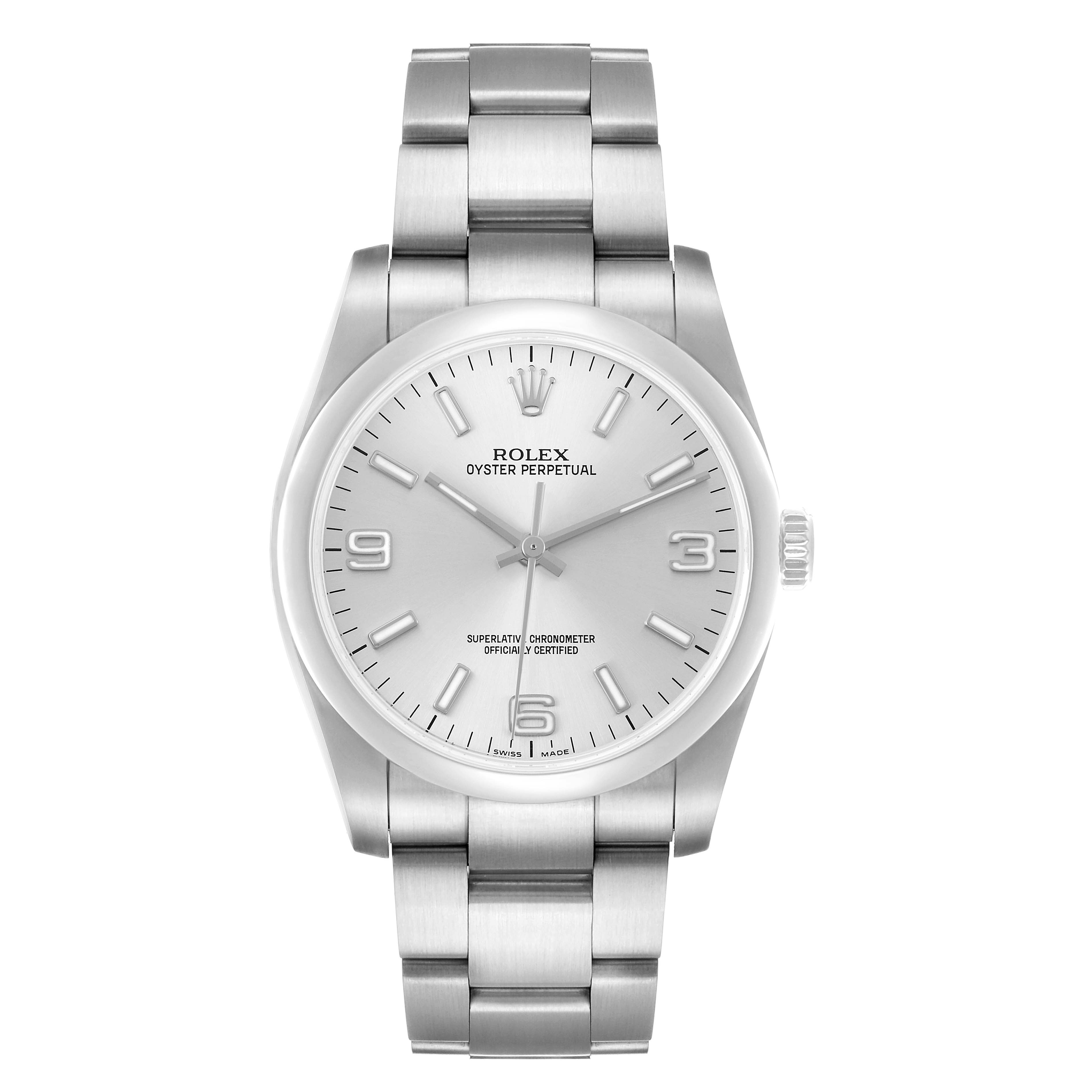 The Rolex Oyster Perpetual 76276 Men's Stainless Steel Silver Dial is shown from the front, displaying the dial, bezel, crown, and bracelet.