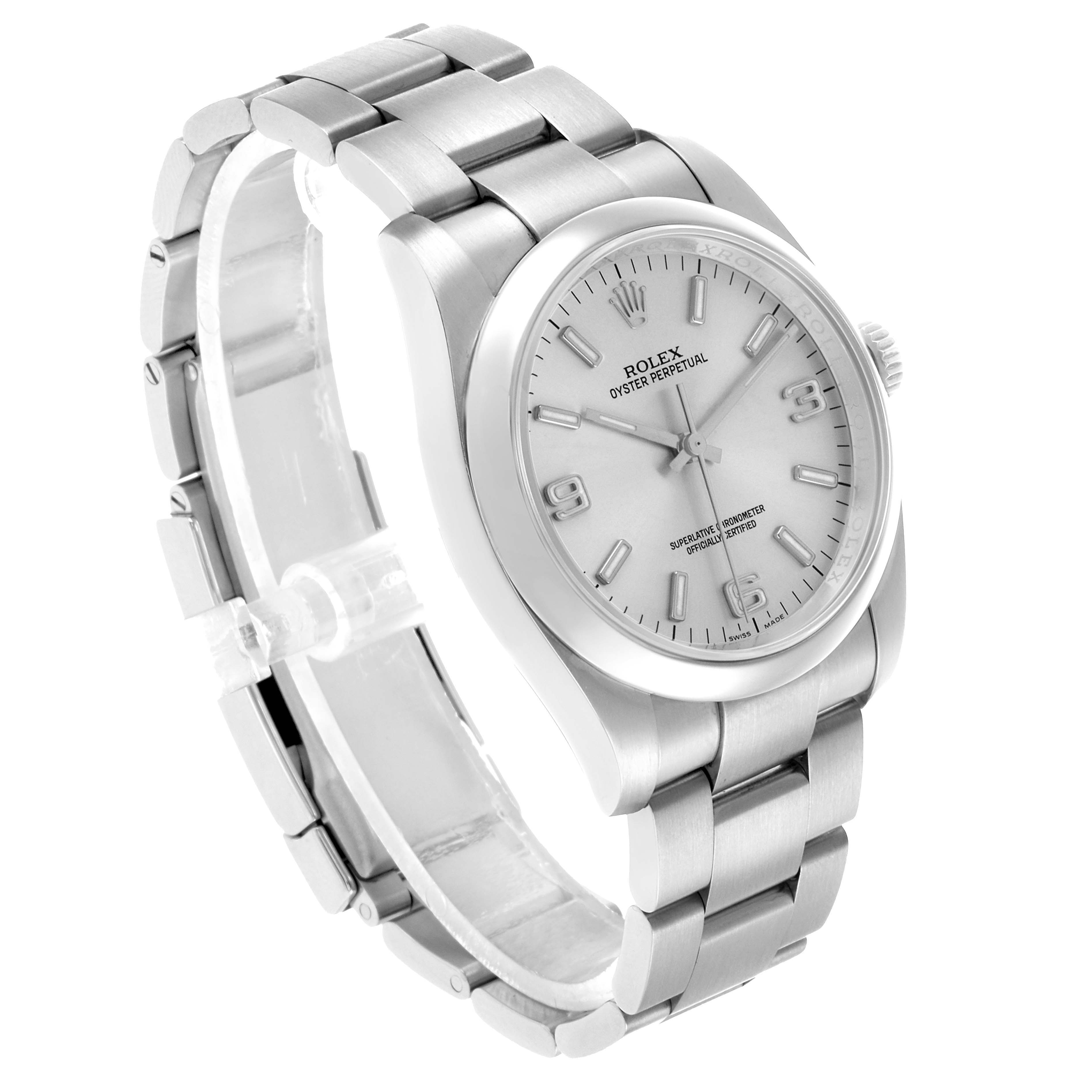 The Rolex Oyster Perpetual 76276 Men's Stainless Steel Silver Dial watch is shown at a three-quarter angle, displaying the face, bezel, case, and bracelet.