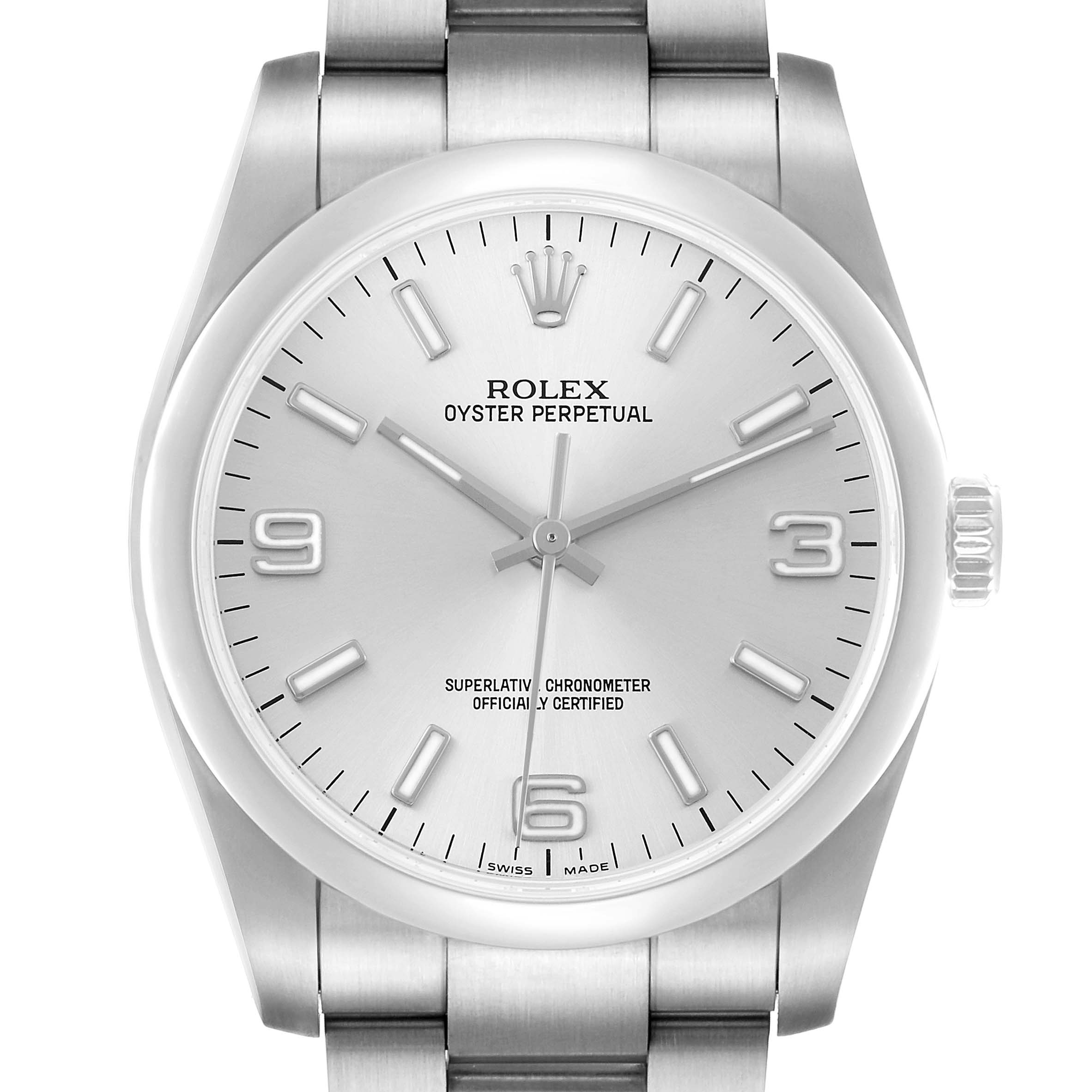 The Rolex Oyster Perpetual 76276 Men's Stainless Steel Silver Dial watch is shown from a front angle, highlighting the dial, bezel, and part of the bracelet.
