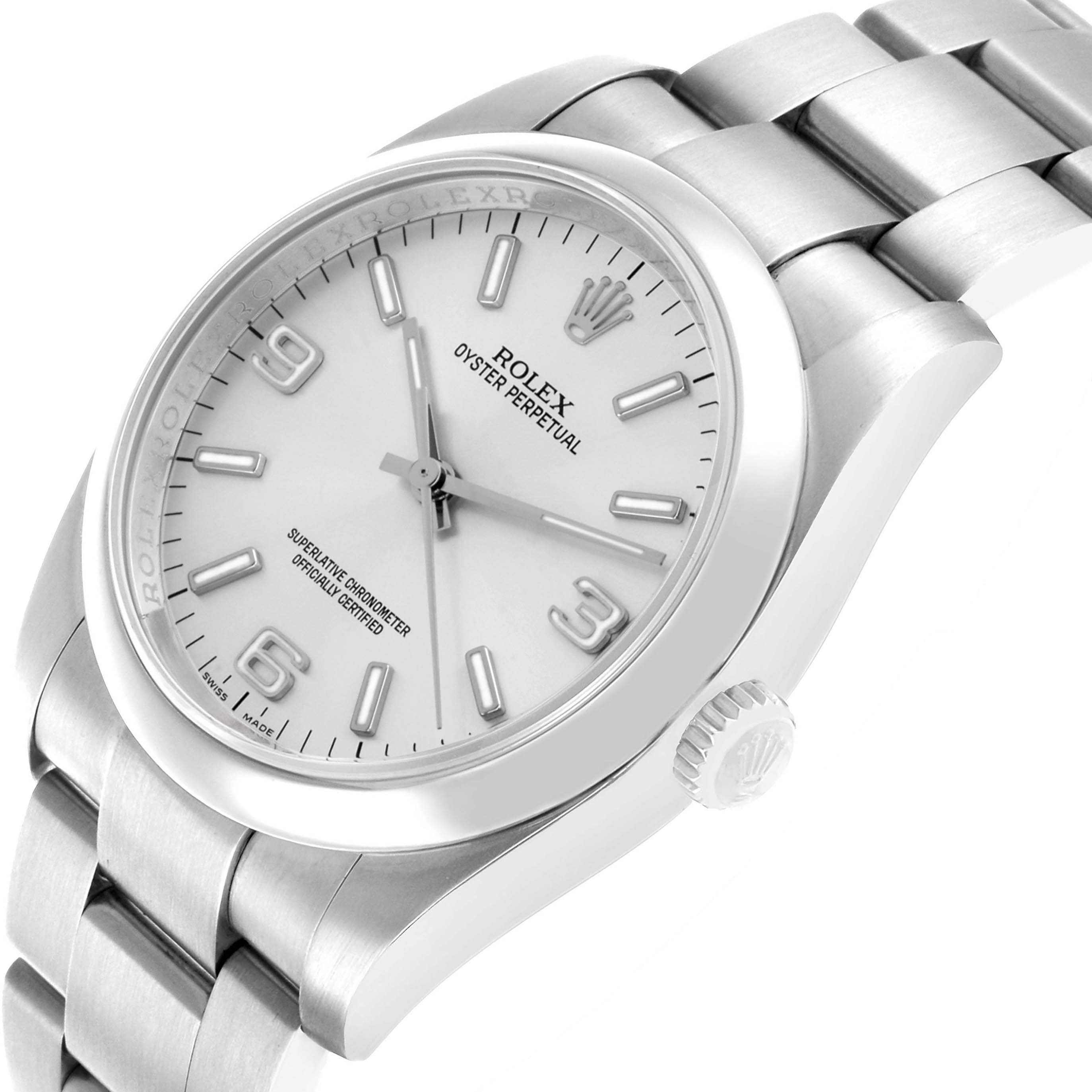 The Rolex Oyster Perpetual 76276 Men's Stainless Steel Silver Dial watch is shown from a 3/4 angle, highlighting the face, bezel, and part of the bracelet.