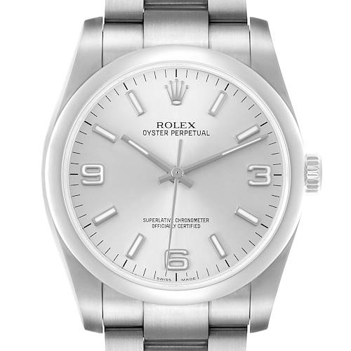 The Rolex Oyster Perpetual 76276 Men's Stainless Steel Silver Dial watch is shown from a front angle, highlighting the dial, bezel, and part of the bracelet.