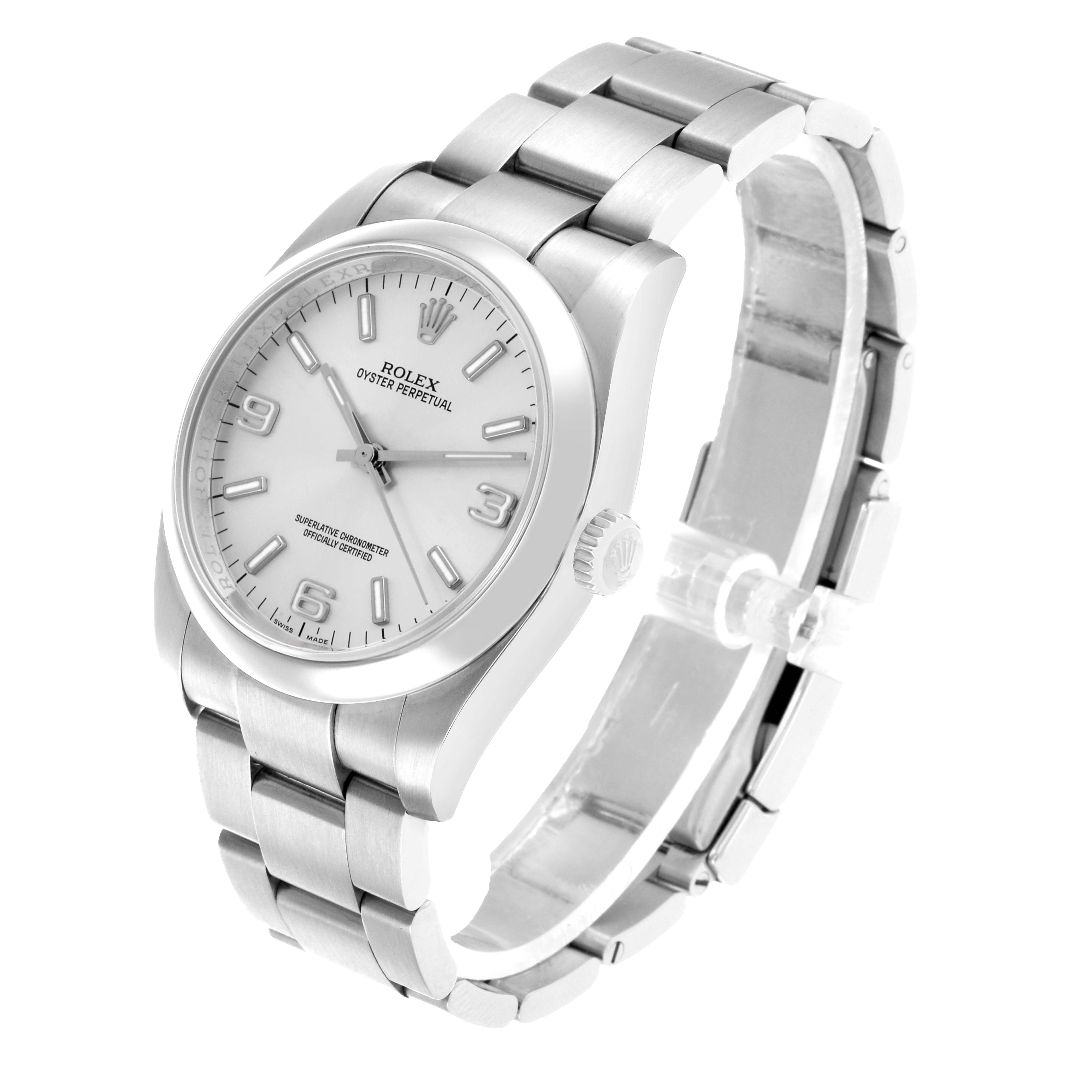 The Rolex Oyster Perpetual 76276 Men's Stainless Steel Silver Dial watch is shown at a three-quarter angle, displaying the face, bezel, crown, and metal bracelet.