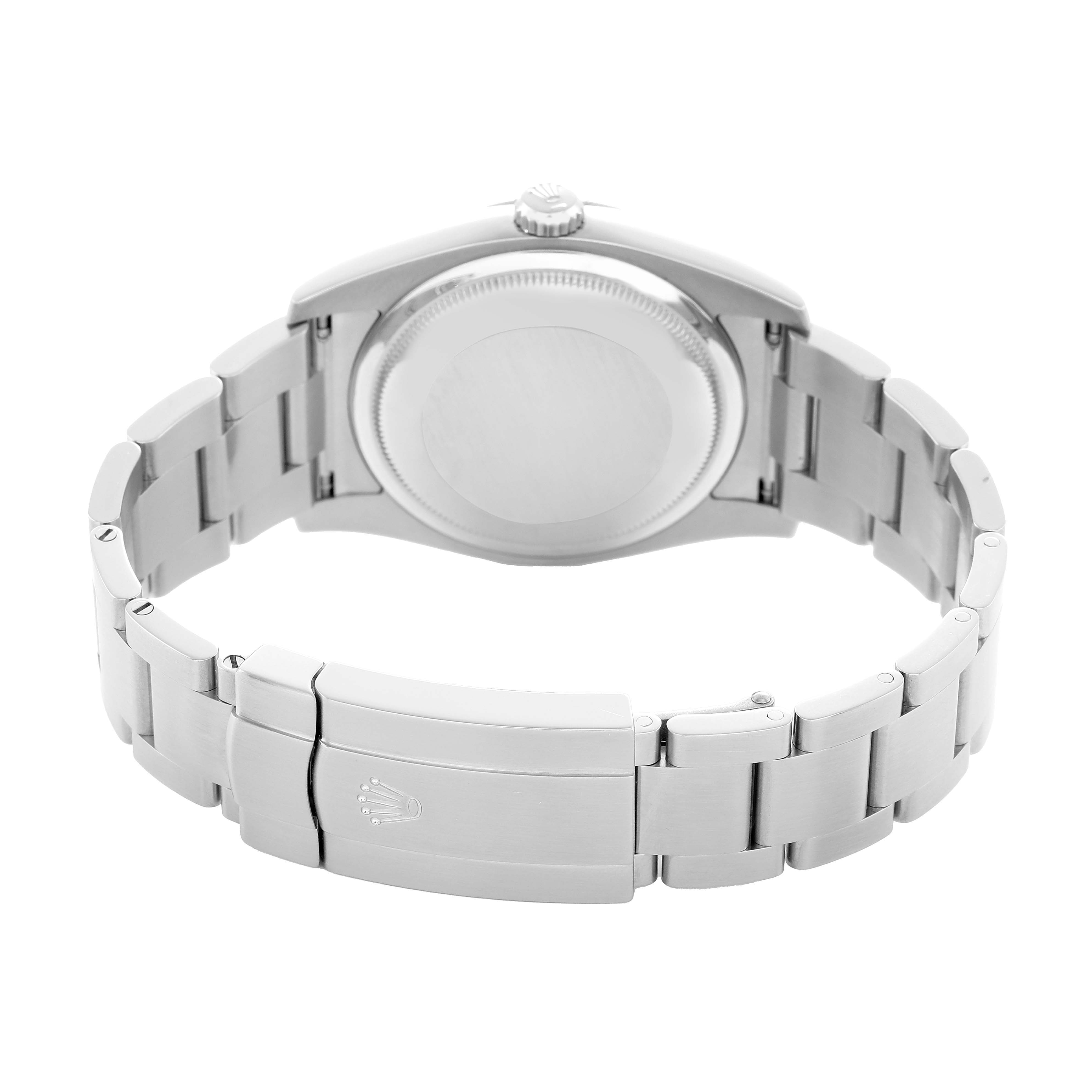 The Rolex Oyster Perpetual 116000 Men's Stainless Steel Silver Dial watch is shown from the back, highlighting the case back, bracelet, and clasp.