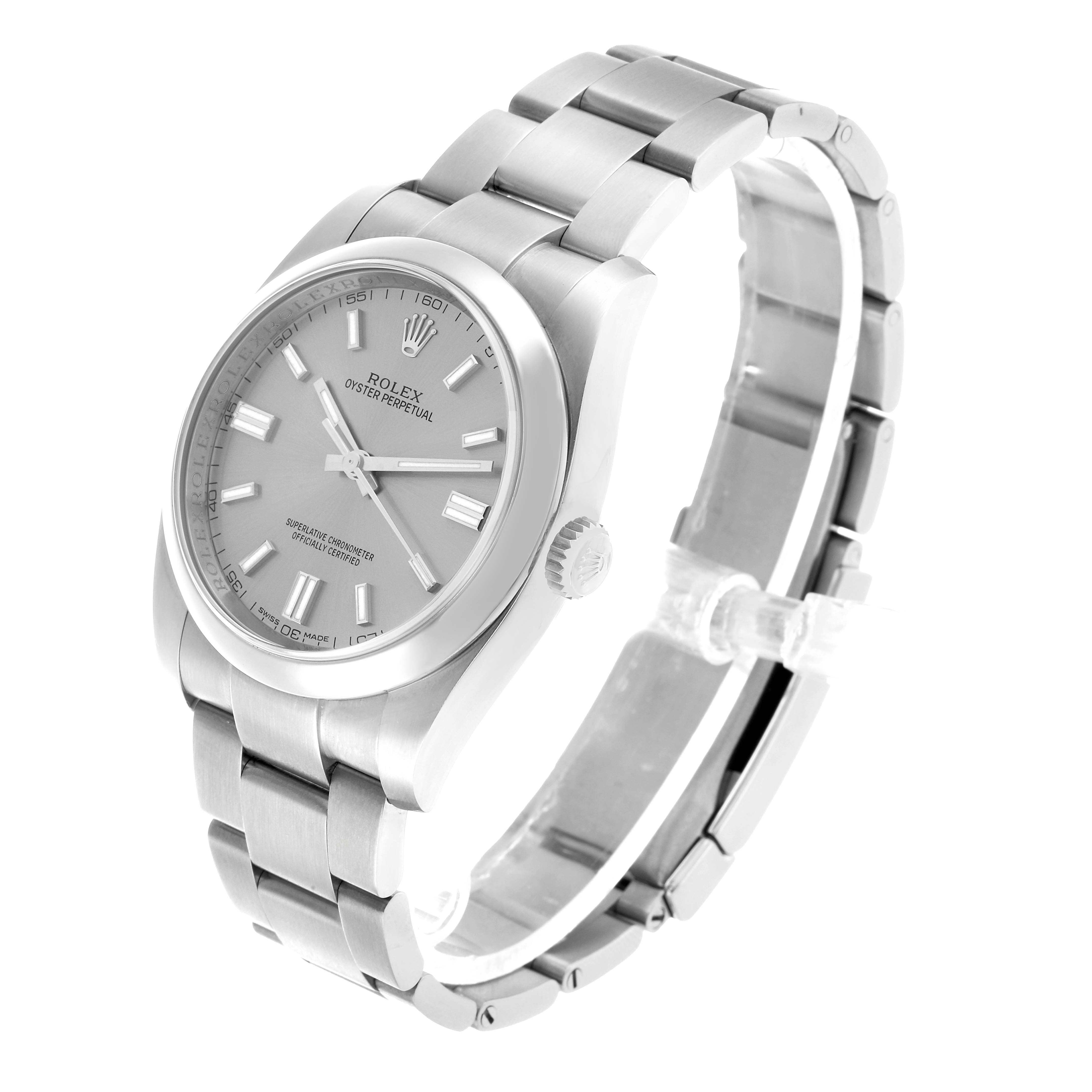 The Rolex Oyster Perpetual 116000 Men's Stainless Steel Silver Dial watch is shown at a three-quarter angle, highlighting the dial, bezel, bracelet, and crown.