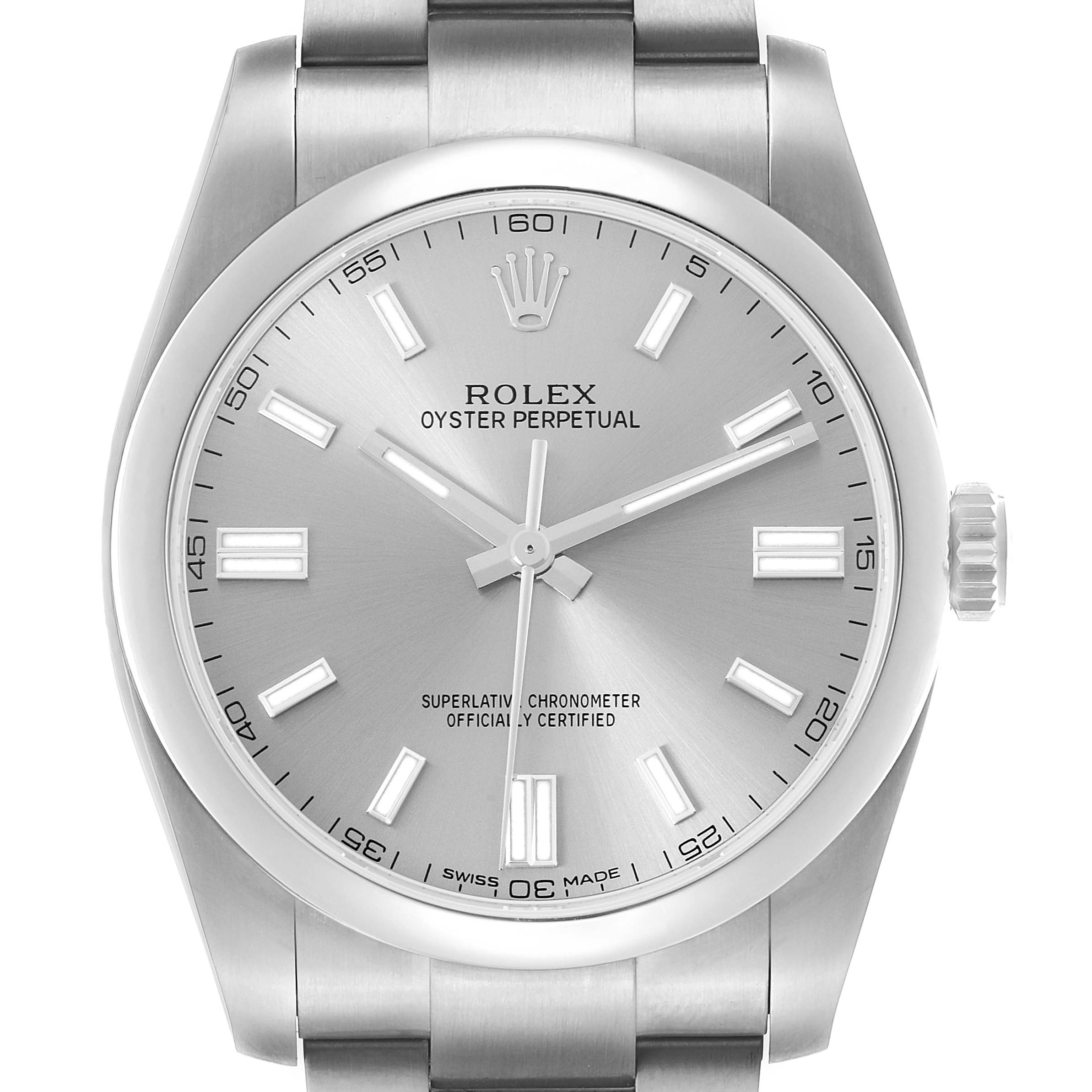 The Rolex Oyster Perpetual 116000 Men's Stainless Steel Silver Dial watch is shown from a front angle, highlighting the dial, bezel, crown, and part of the bracelet.