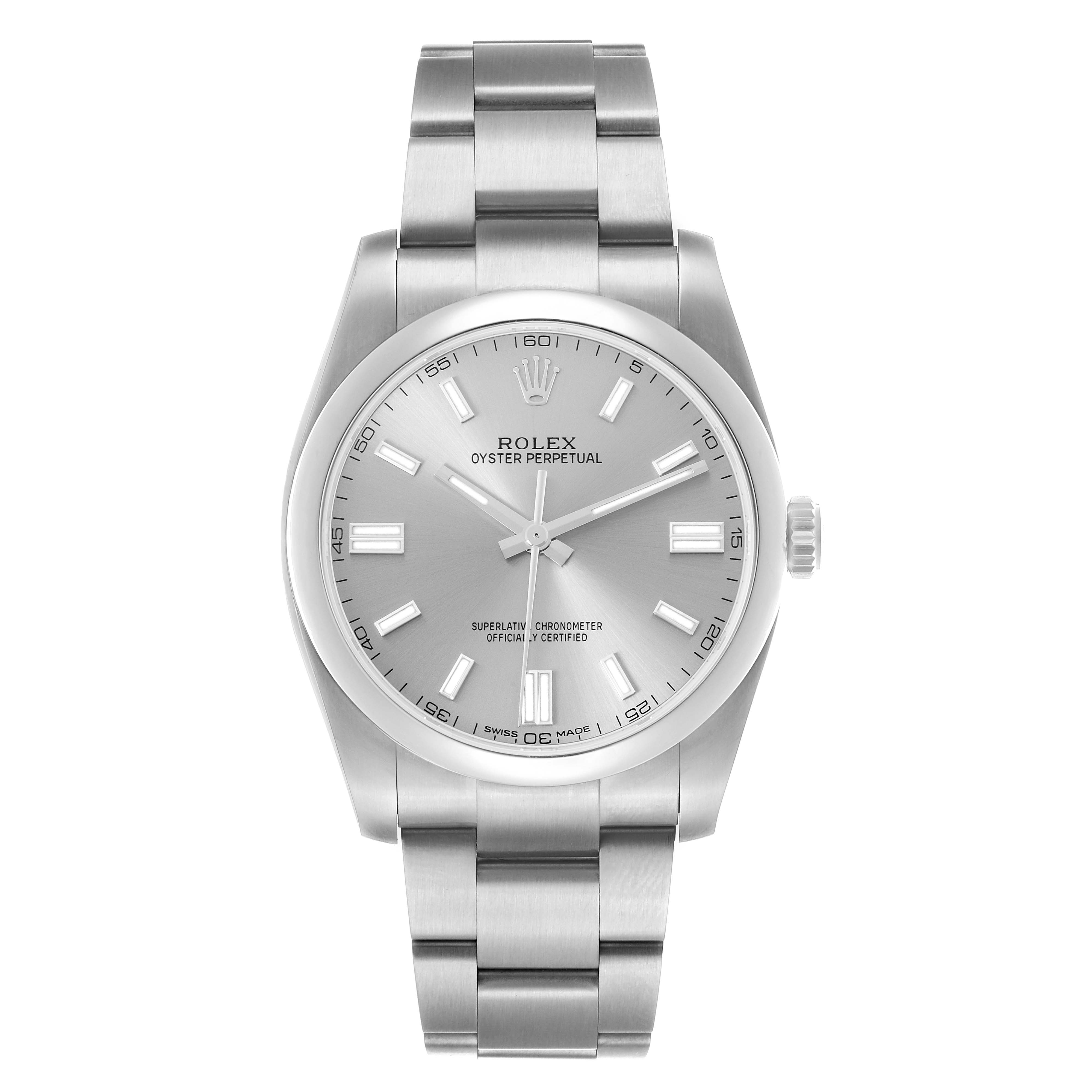 The Rolex Oyster Perpetual 116000 Men's Stainless Steel Silver Dial watch is shown from the front, displaying the face, bezel, crown, and stainless steel bracelet.