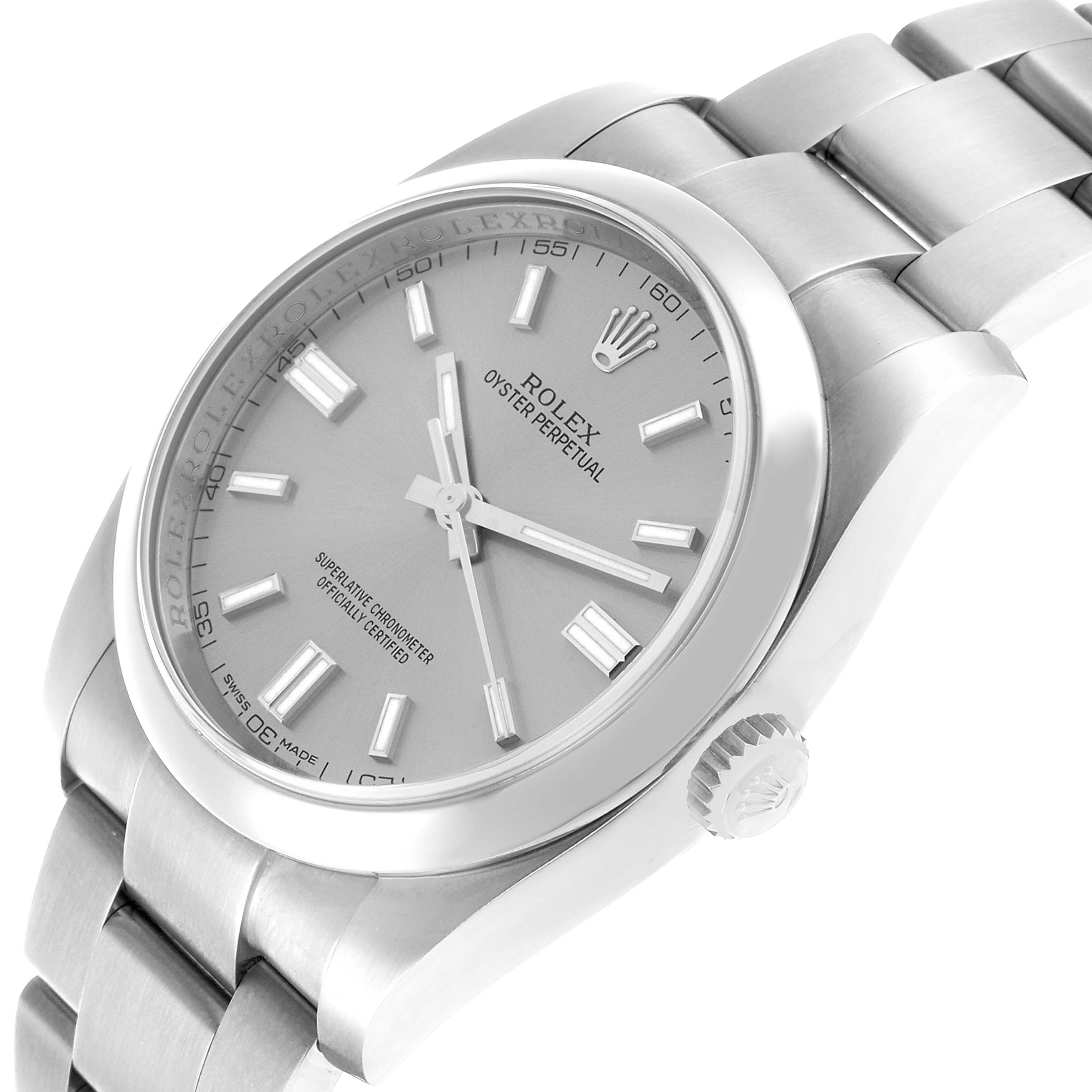The Rolex Oyster Perpetual 116000 Men's Stainless Steel Silver Dial watch is shown at a tilted angle displaying the dial, bezel, crown, and bracelet.