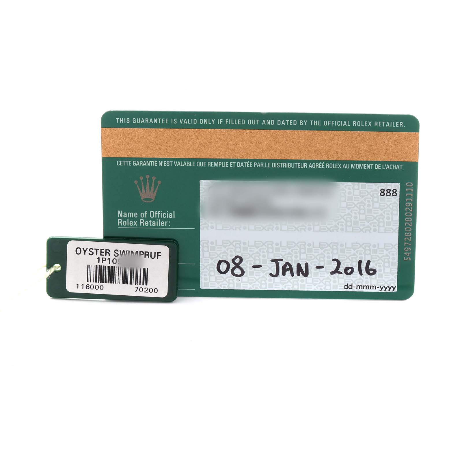 The image shows a guarantee card and a tag for the Rolex Oyster Perpetual 116000 Men's Stainless Steel Silver Dial watch, highlighting purchase details and model information.
