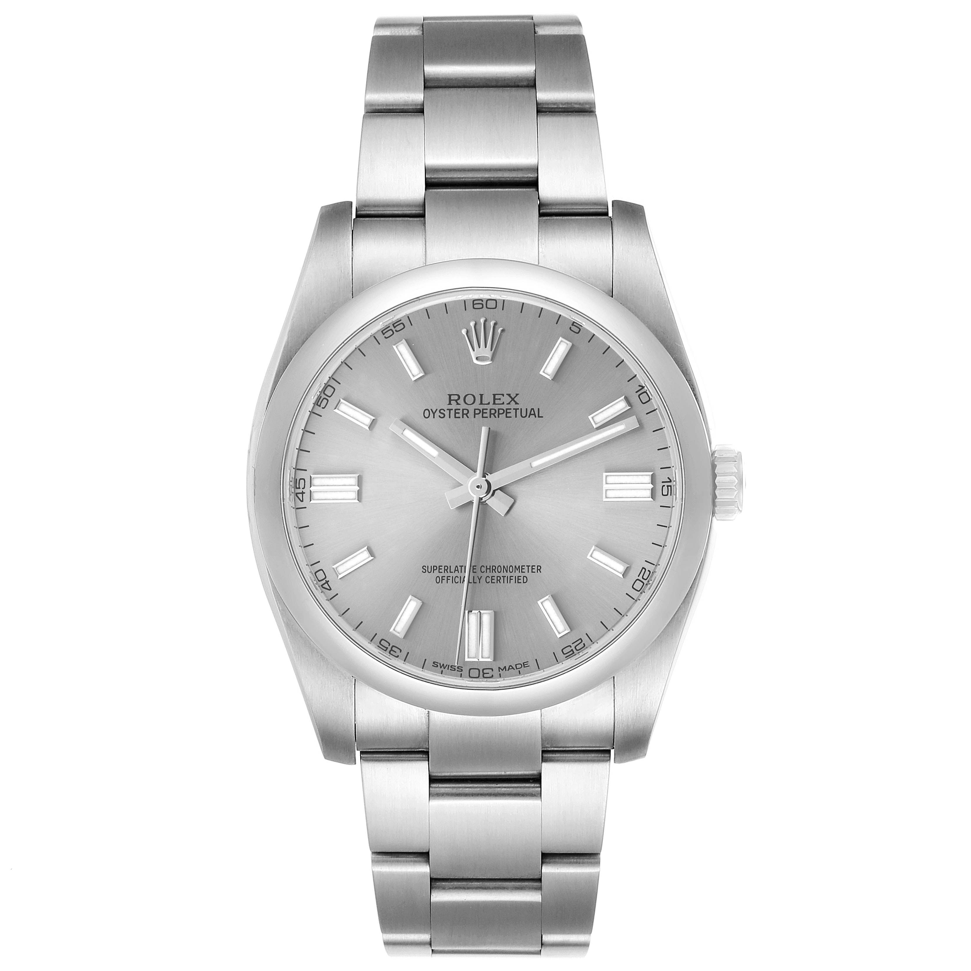 The Rolex Oyster Perpetual 116000 Men's Stainless Steel Silver Dial watch is shown from a front angle, displaying the dial, bezel, bracelet, and crown.