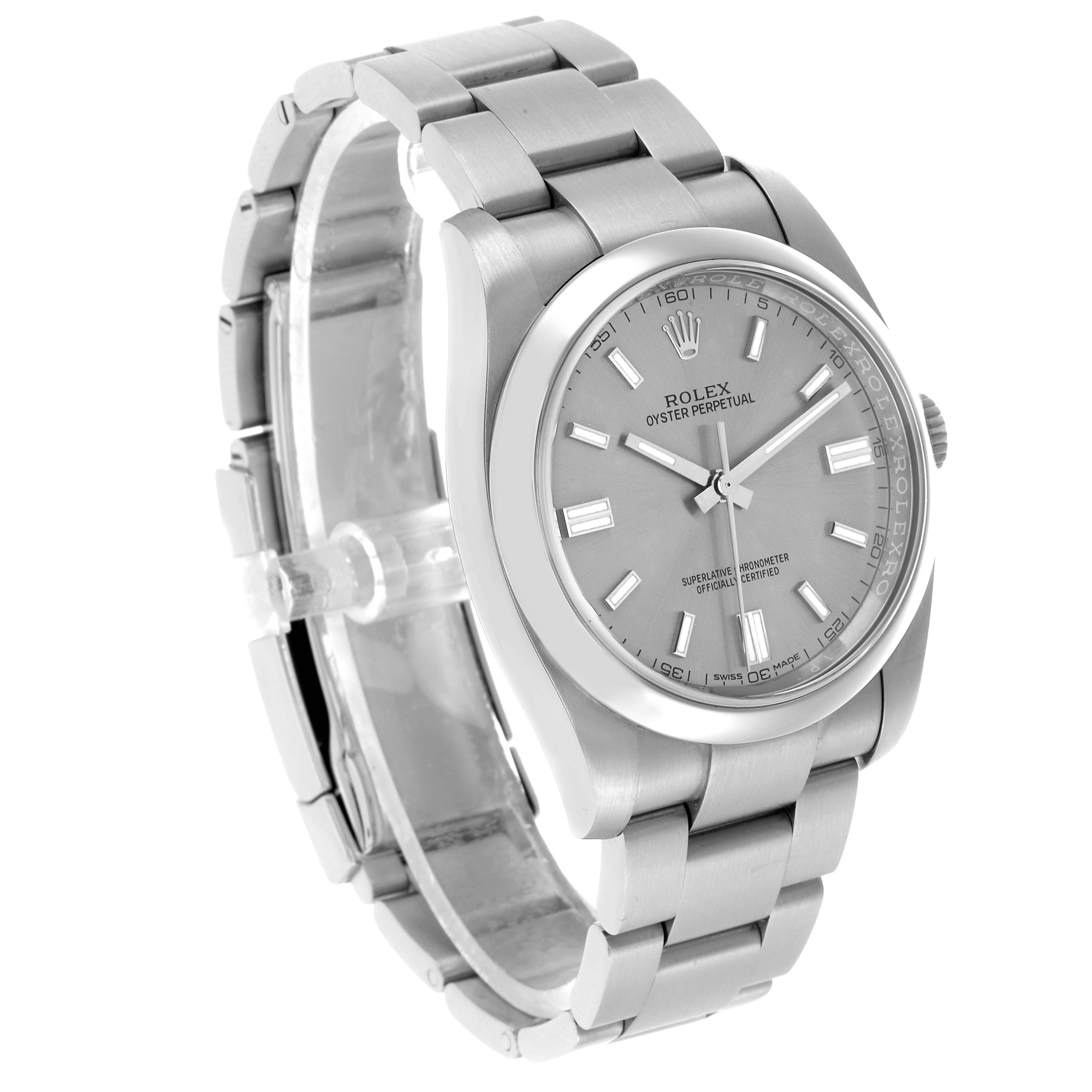 The Rolex Oyster Perpetual 116000 Men's Stainless Steel Silver Dial watch is shown at a three-quarter angle, highlighting its dial, bezel, and bracelet.