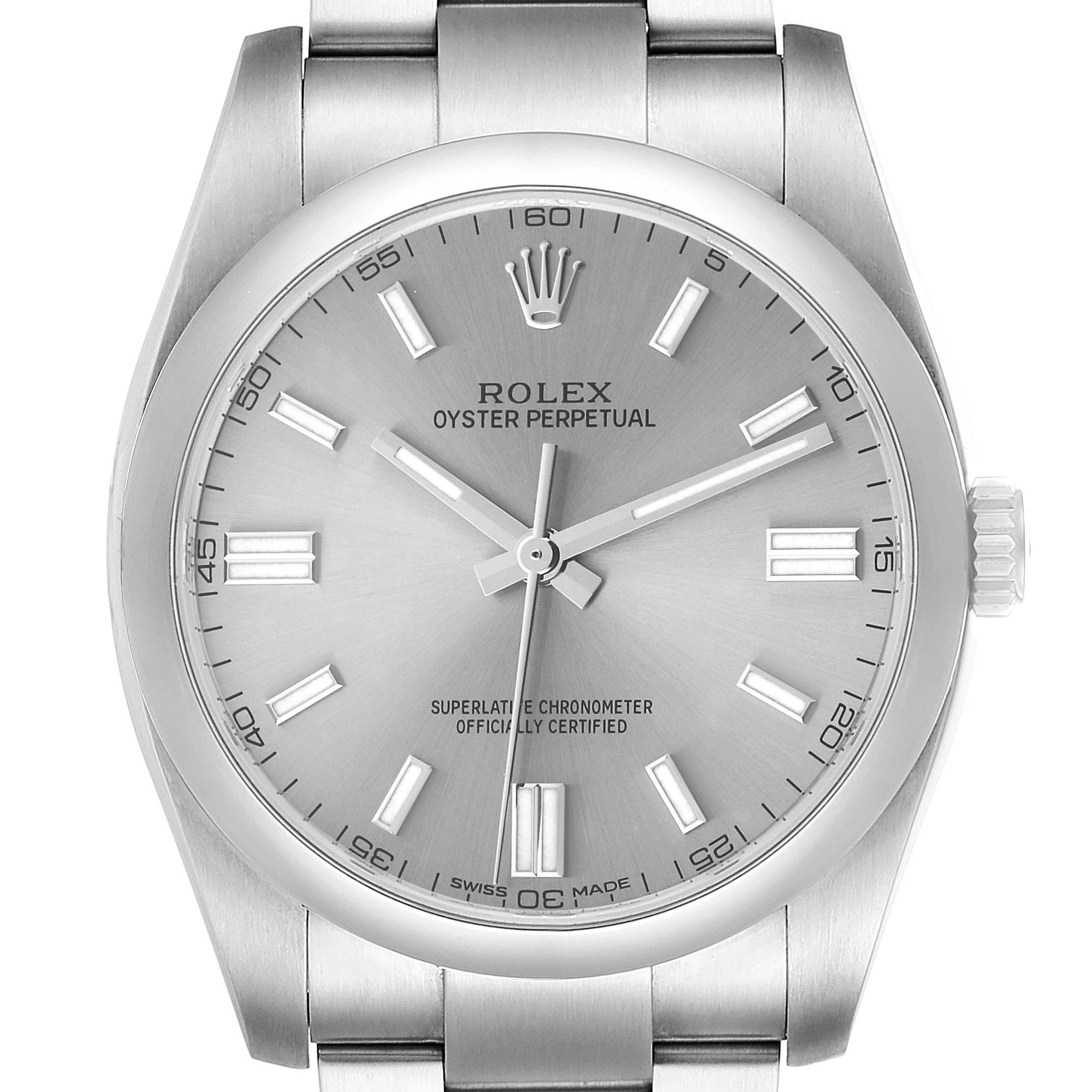 The Rolex Oyster Perpetual 116000 Men's Stainless Steel Silver Dial watch is shown from the front, highlighting the dial, hands, and bracelet connection.