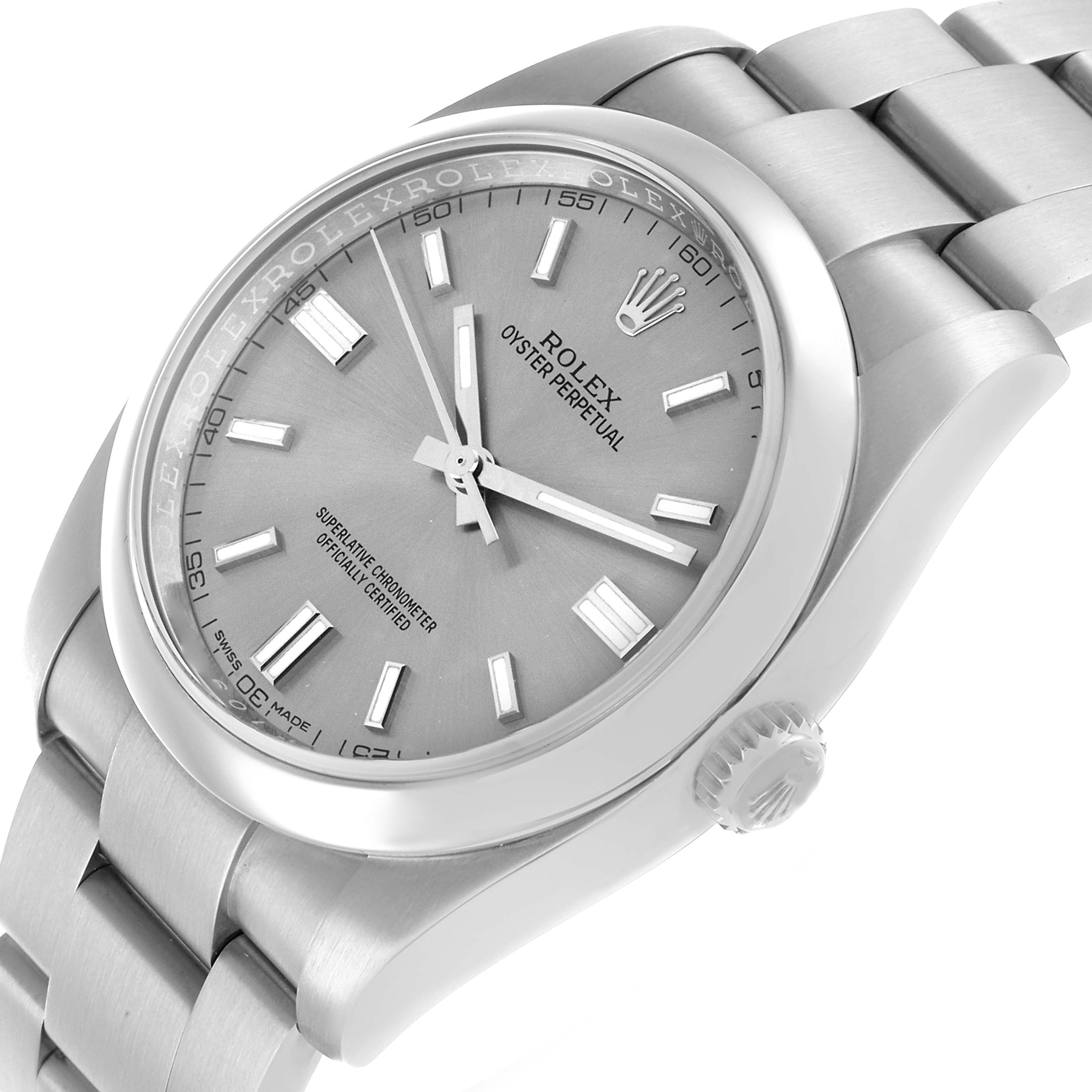 The Rolex Oyster Perpetual 116000 Men's Stainless Steel Silver Dial watch is shown at an angled side view, highlighting the dial, bracelet, and crown.
