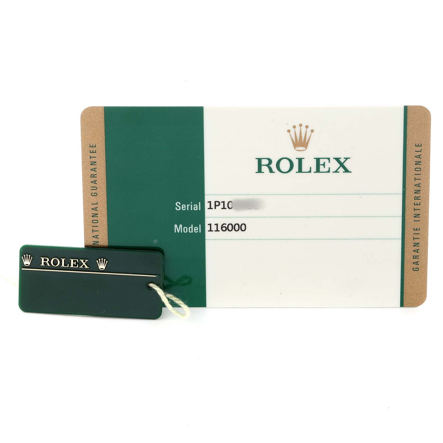 The image shows a Rolex Oyster Perpetual 116000 Men's Stainless Steel Silver Dial model tag and guarantee card, displayed from above.
