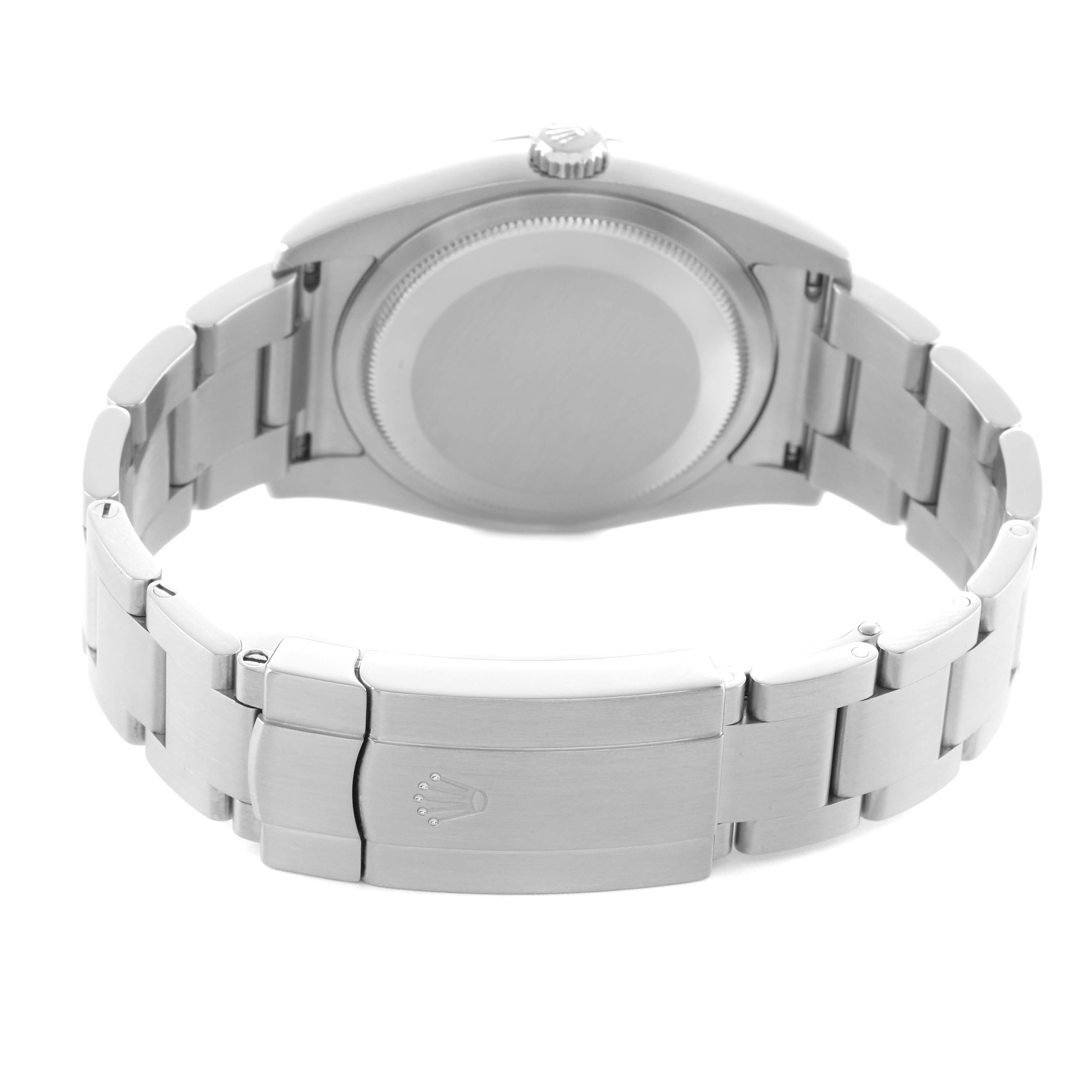 The Rolex Oyster Perpetual 116000 Men's Stainless Steel Silver Dial watch is shown from the back, highlighting the case, crown, and bracelet clasp.